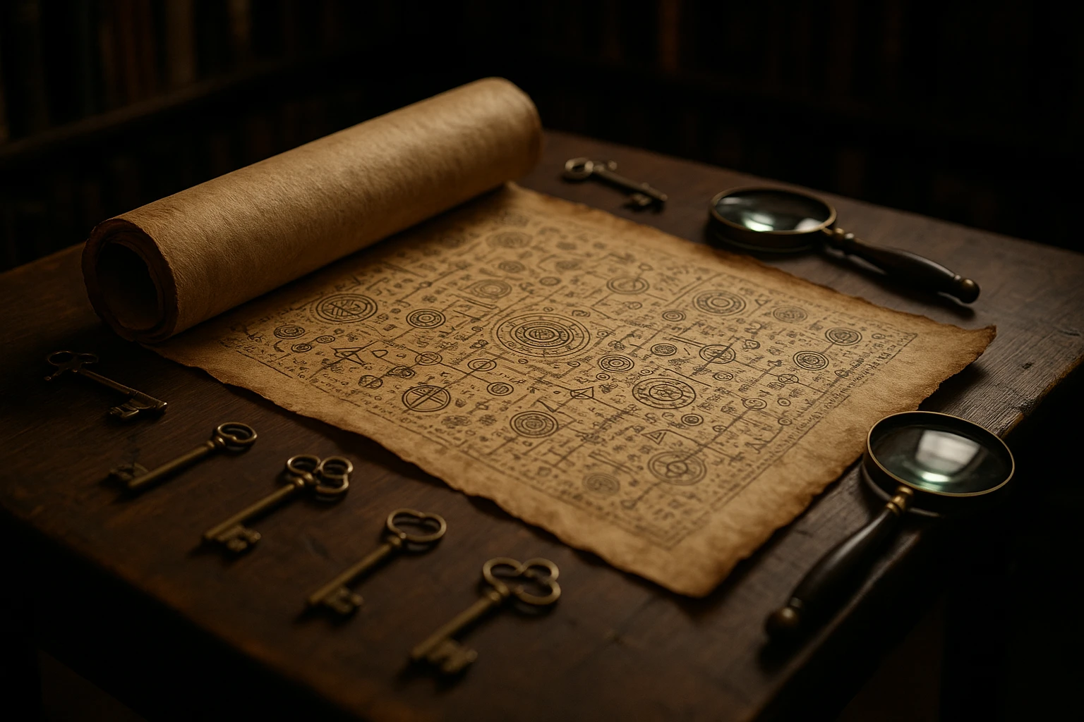 An ancient scroll with intricate symbols rolled out on a wooden table, surrounded by scattered keys and magnifying glasses, in a dimly lit library setting to represent the unlocking of restricted knowledge.
