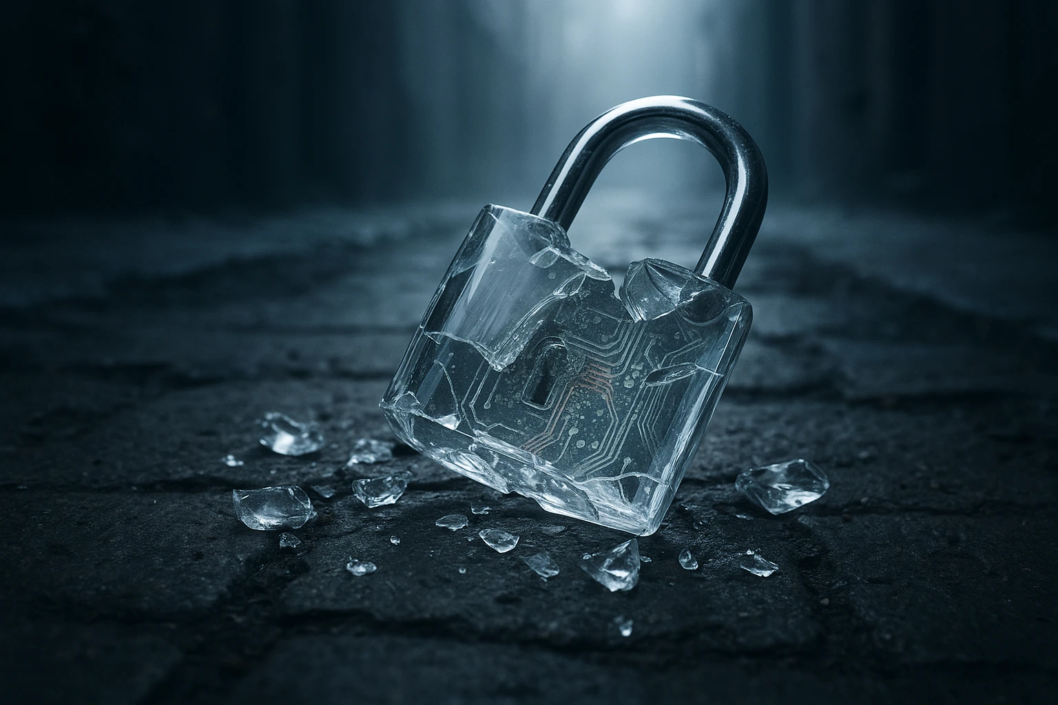 A padlock made of transparent glass, symbolizing fragility, lies shattered on a stone surface, with scattered pieces revealing faded, worn digital circuit patterns underneath, set in a dim alleyway shrouded in mist.