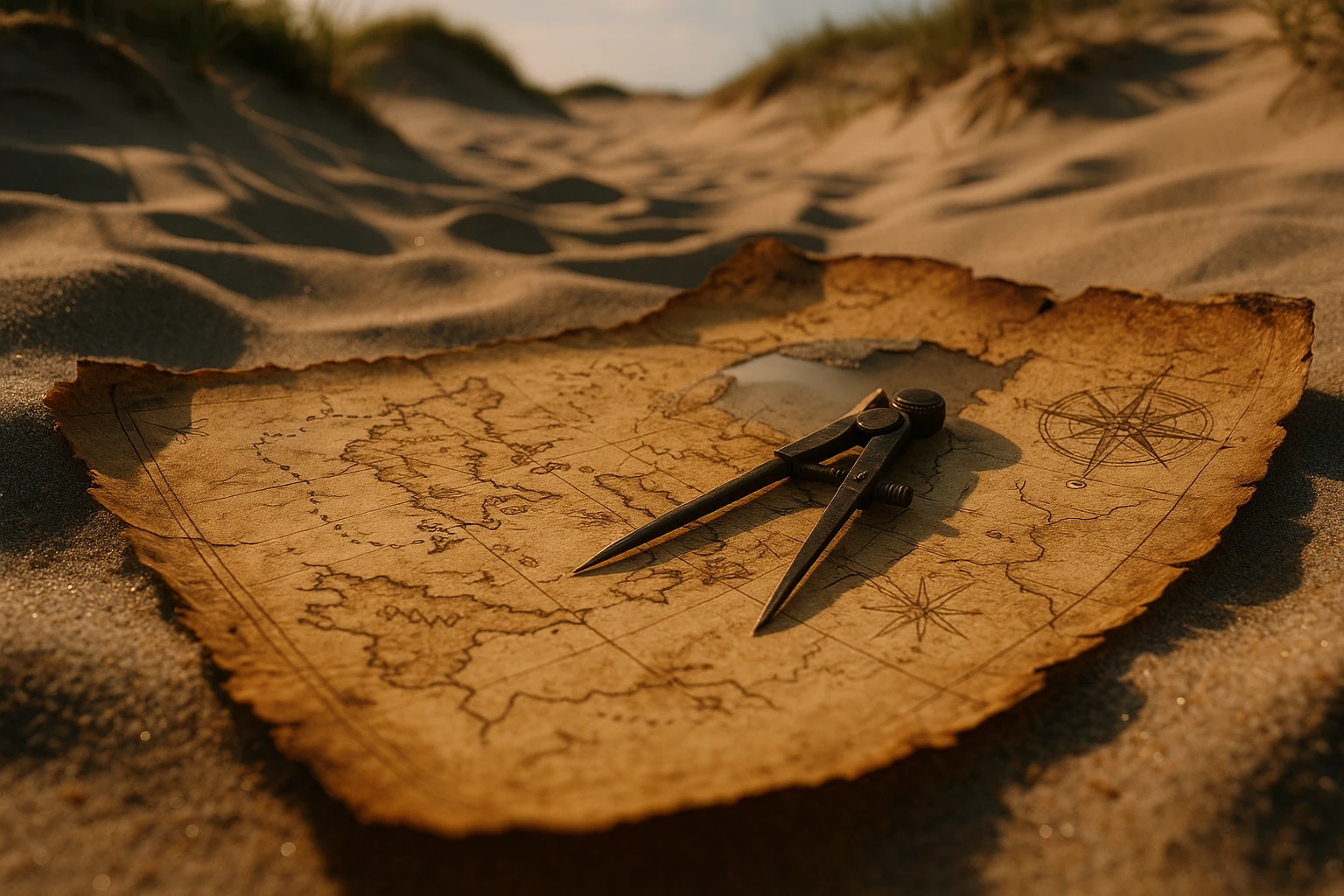 A weathered treasure map depicted on a sunlit beach, with a partially obscured section revealing coordinates, surrounded by sand dunes and faded compass tools, symbolizing the hidden nature of accessing protected data.