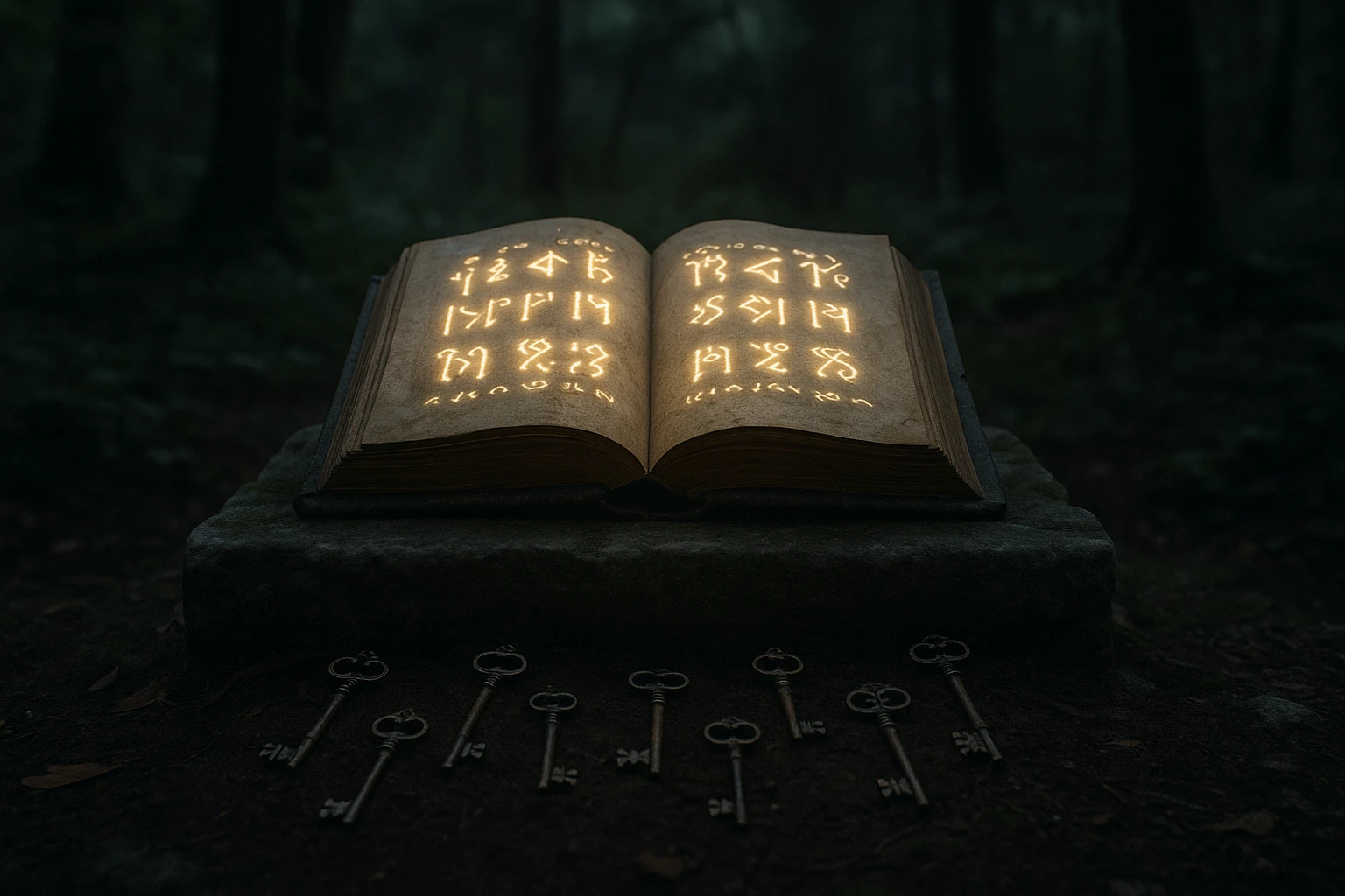 A mysterious ancient book rests open on a stone altar in a secluded forest clearing, emanating a soft glow from runic symbols on its pages, surrounded by intricate keys embedded in the soil, representing the mystical unlocking of restricted knowledge.