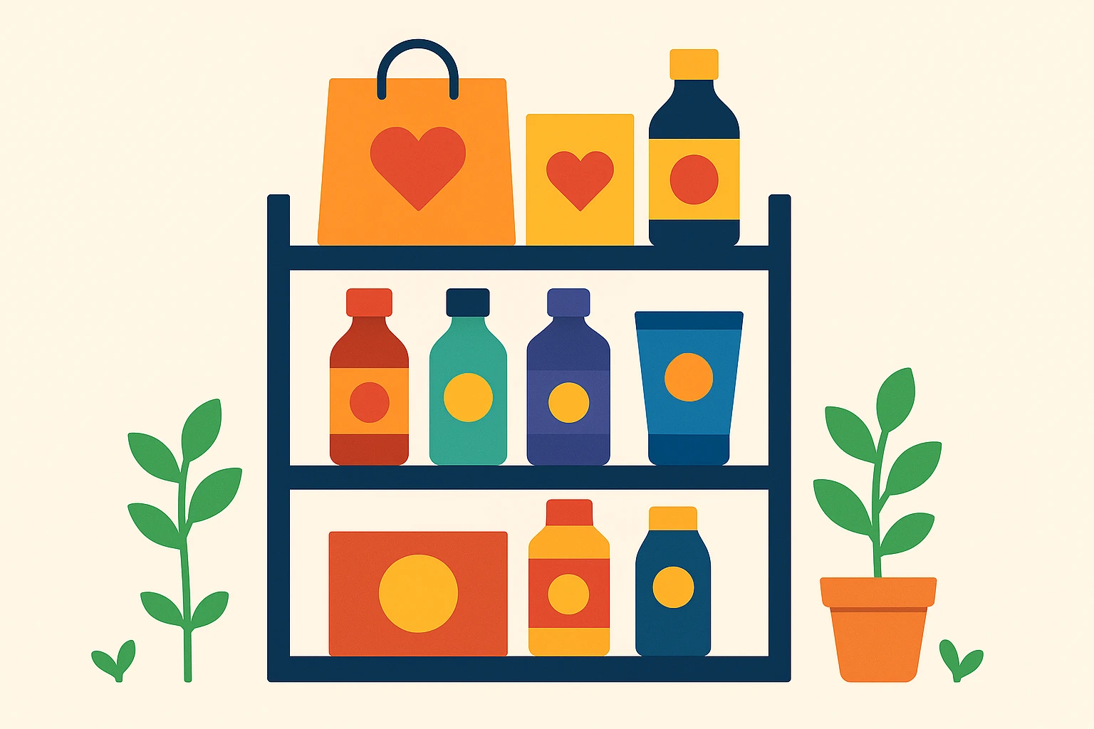 A well-organized store shelf showcasing a variety of colorful branded products, symbolizing customer loyalty and repeat business, surrounded by small green plants representing growth and sustainability.