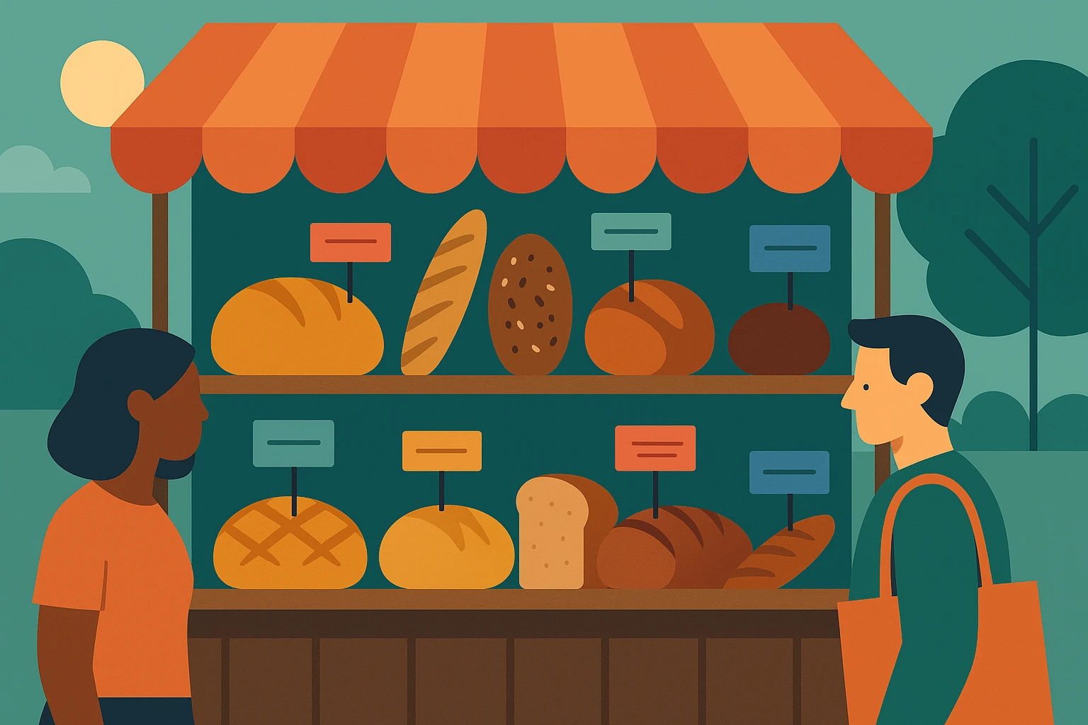 A bustling farmer’s market stall displaying an array of artisanal bread with tags showing customer names and flavor preferences, highlighting a personalized shopping experience amidst a vibrant outdoor setting.