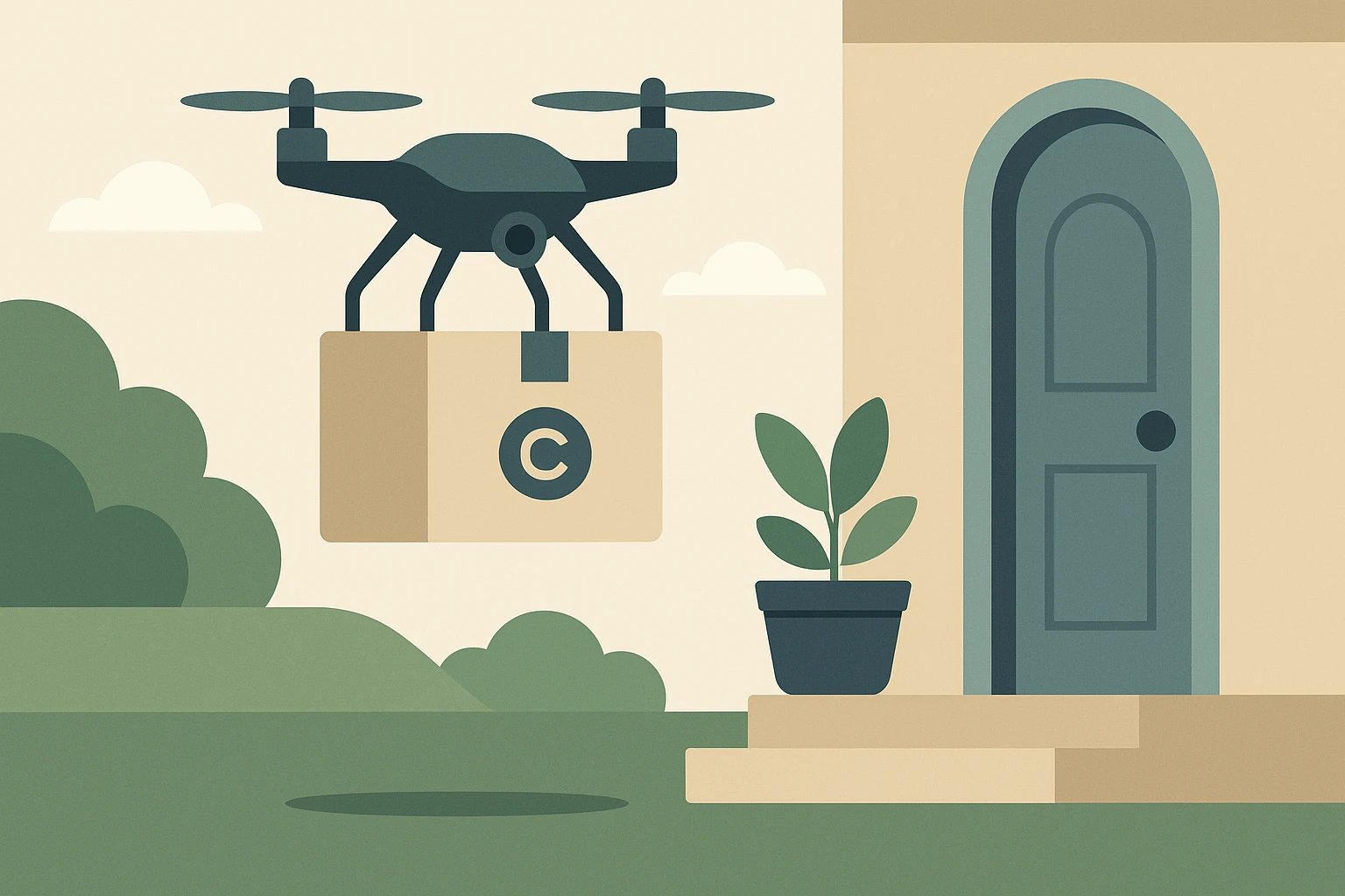 A sleek, modern drone delivering a small package labeled with a company's logo to a suburban doorstep, signifying innovative customer engagement and personalized service in the digital age.
