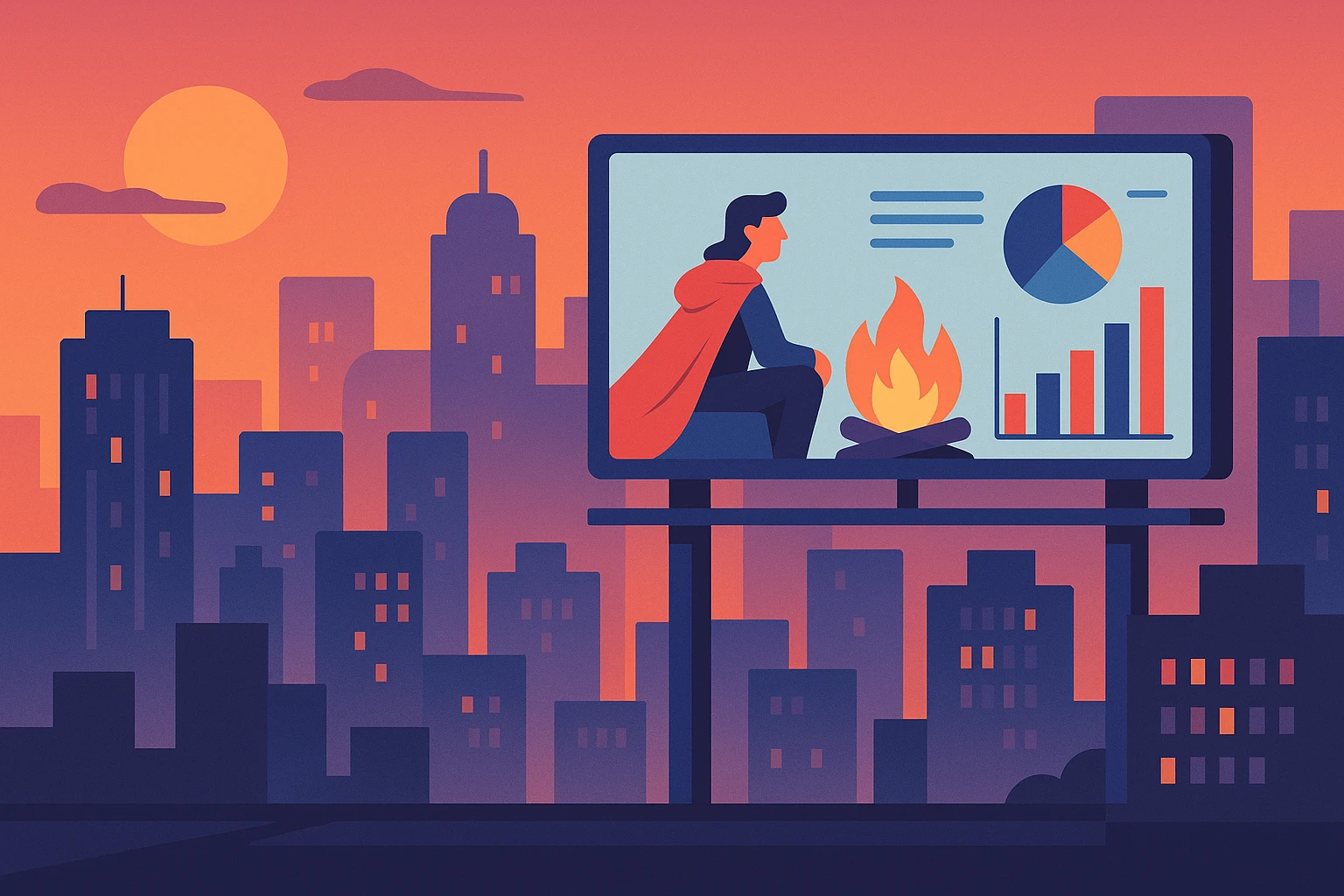 A vibrant cityscape at dusk with a large billboard featuring a captivating narrative advertisement blending classic storytelling visuals with analytical graphics; the skyline reflects a fusion of creativity and data.