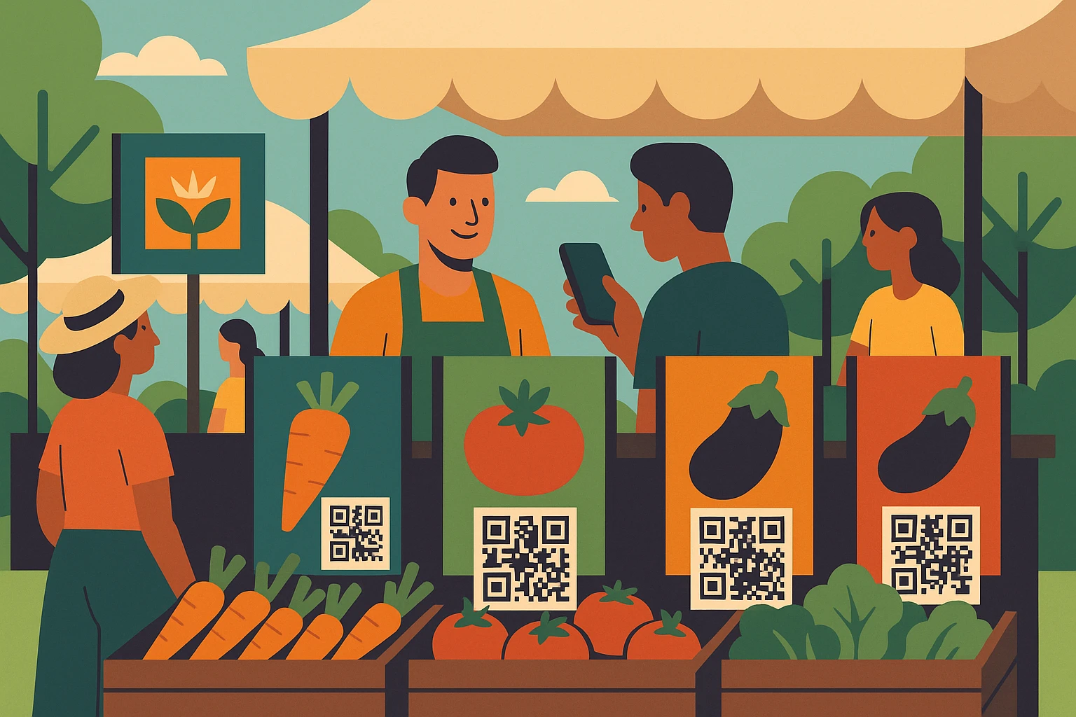 A bustling farmer's market with creative signage showcasing fresh produce, each with QR codes linking to stories about their origins, blending vibrant visuals with digital engagement in an outdoor setting.