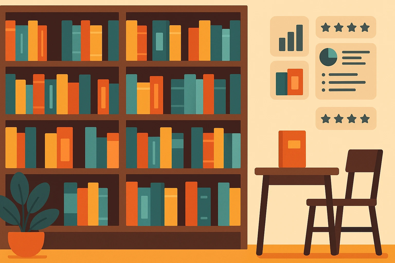 A cozy bookstore with shelves filled with colorful books, each with a small digital display next to them showing data insights and reader reviews, seamlessly combining storytelling with analytics in a physical space.