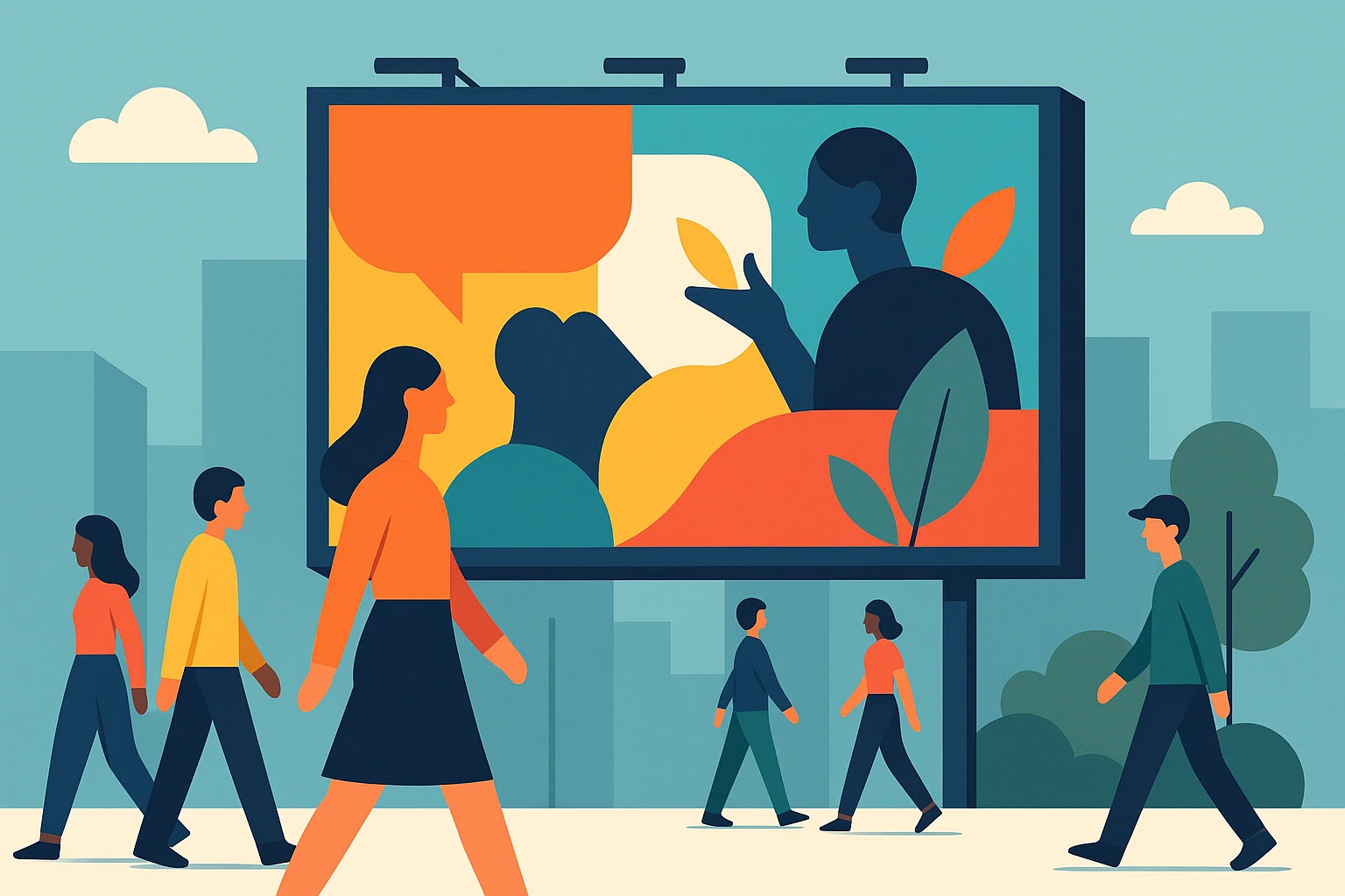 A vibrant street scene featuring a large, colorful billboard displaying a compelling brand story, with people in the background casually engaging and walking by, highlighting the power of outdoor advertising in storytelling.