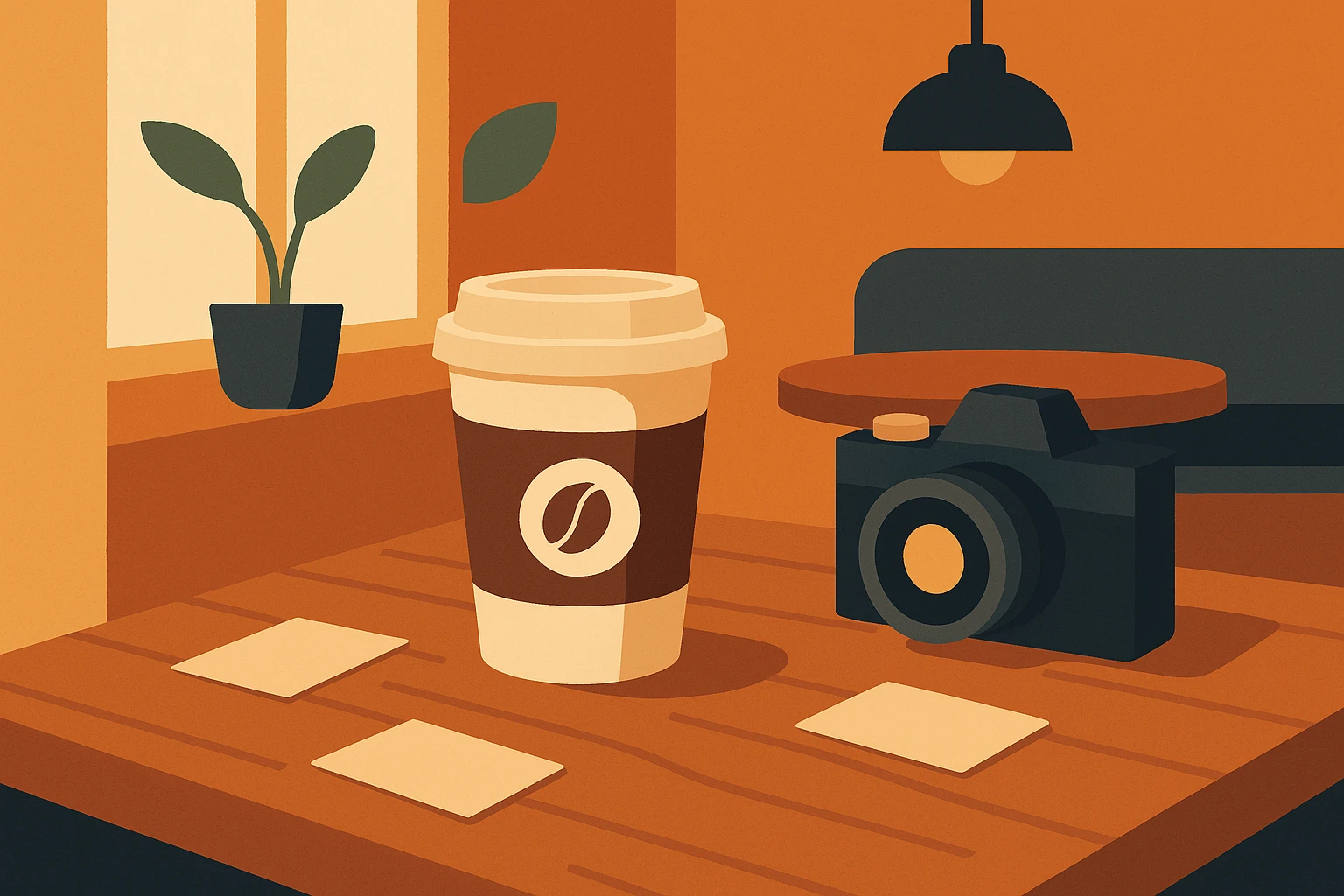 A cozy coffee shop scene with a branded coffee cup on a rustic wooden table, surrounded by scattered business cards and a vintage camera, symbolizing how storytelling in marketing weaves products into everyday experiences.