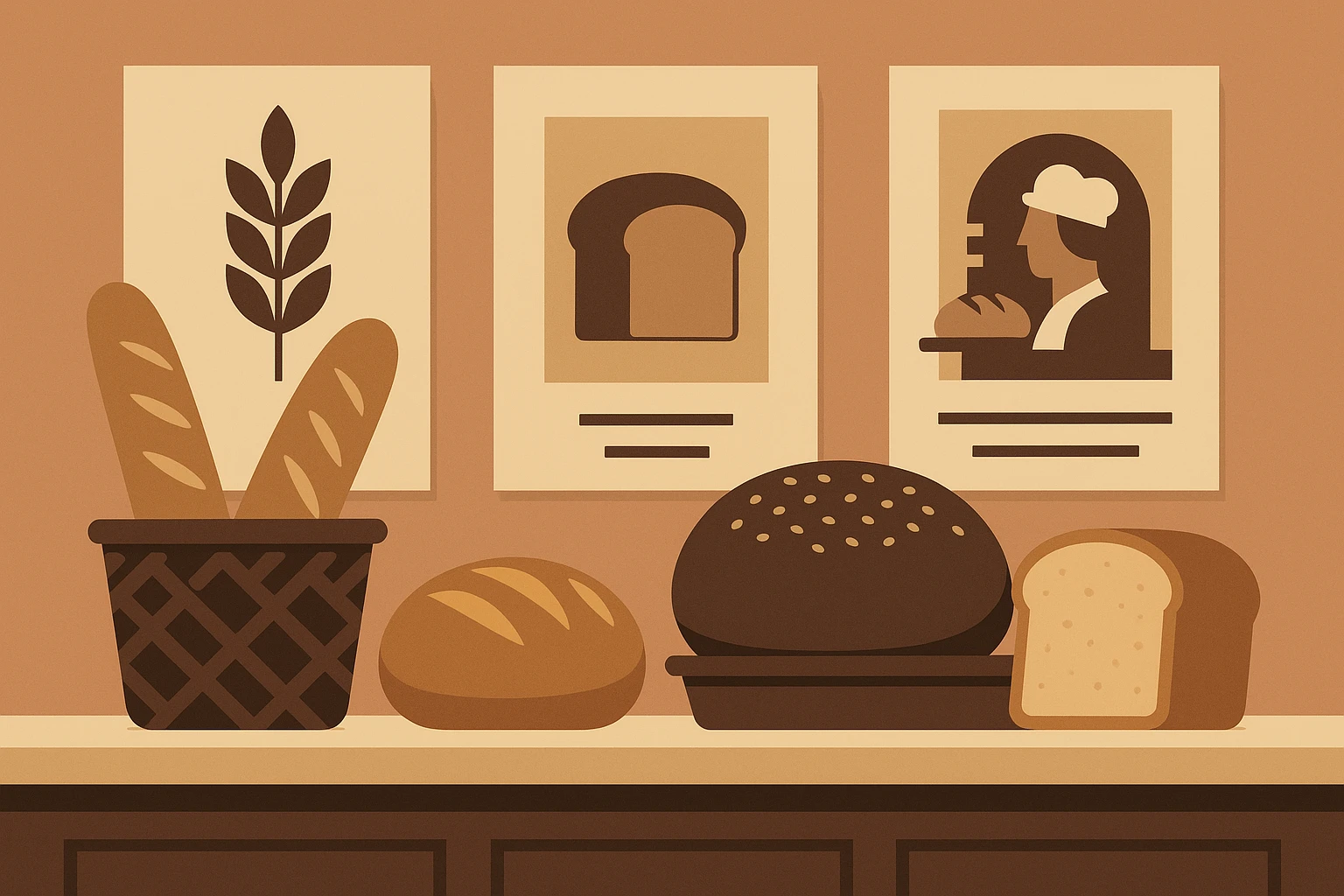 An artisanal bakery counter filled with freshly-baked bread, branded packaging in the background showcasing the bakery's story and legacy, emphasizing authenticity and tradition in marketing through product presentation.