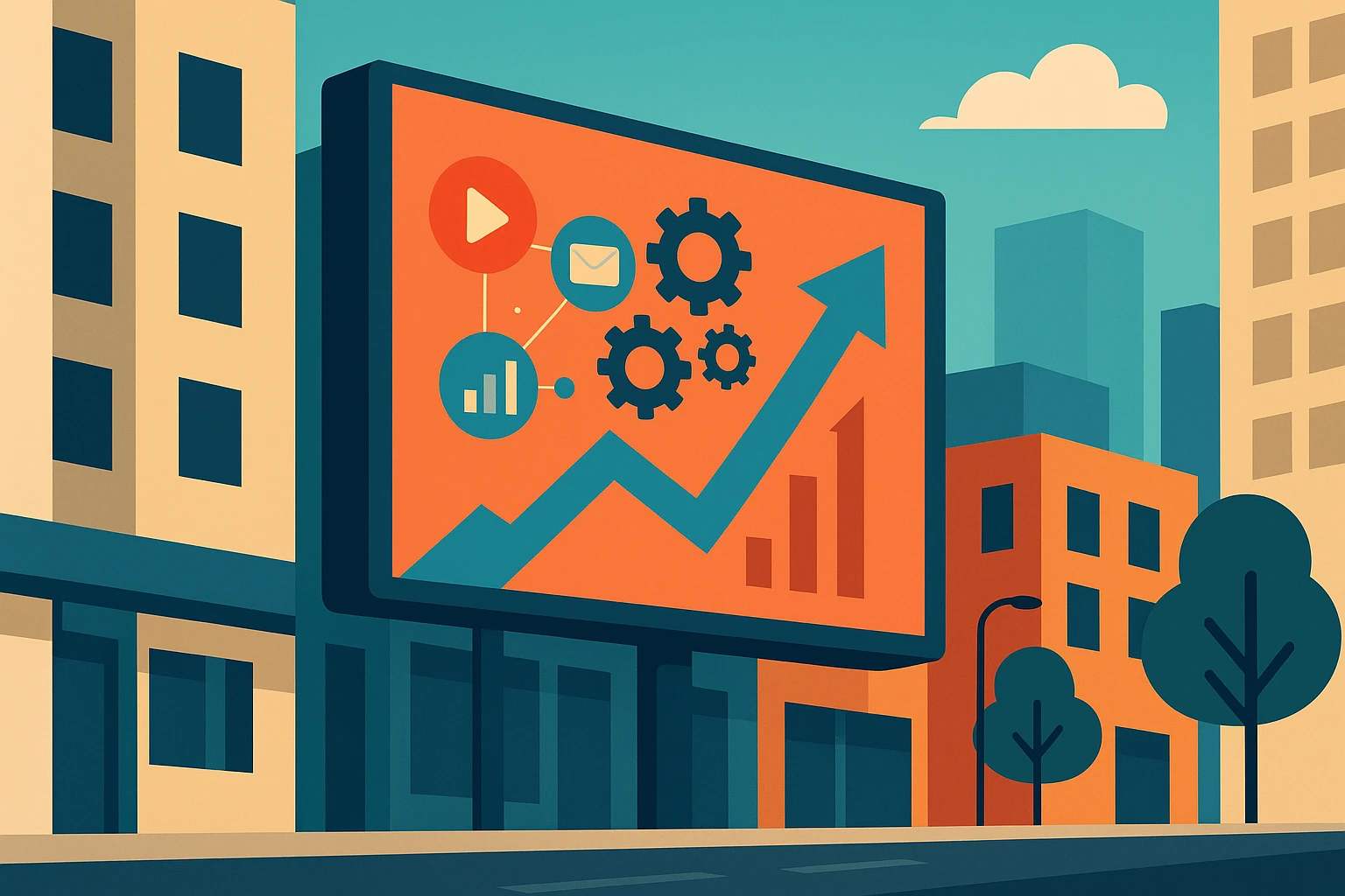 A vibrant city street with a large digital billboard displaying a dynamic, eye-catching infographic illustrating the growth of a business, symbolized by an upward arrow intertwined with a network of interconnected gears and icons representing social media, email, and data analytics.