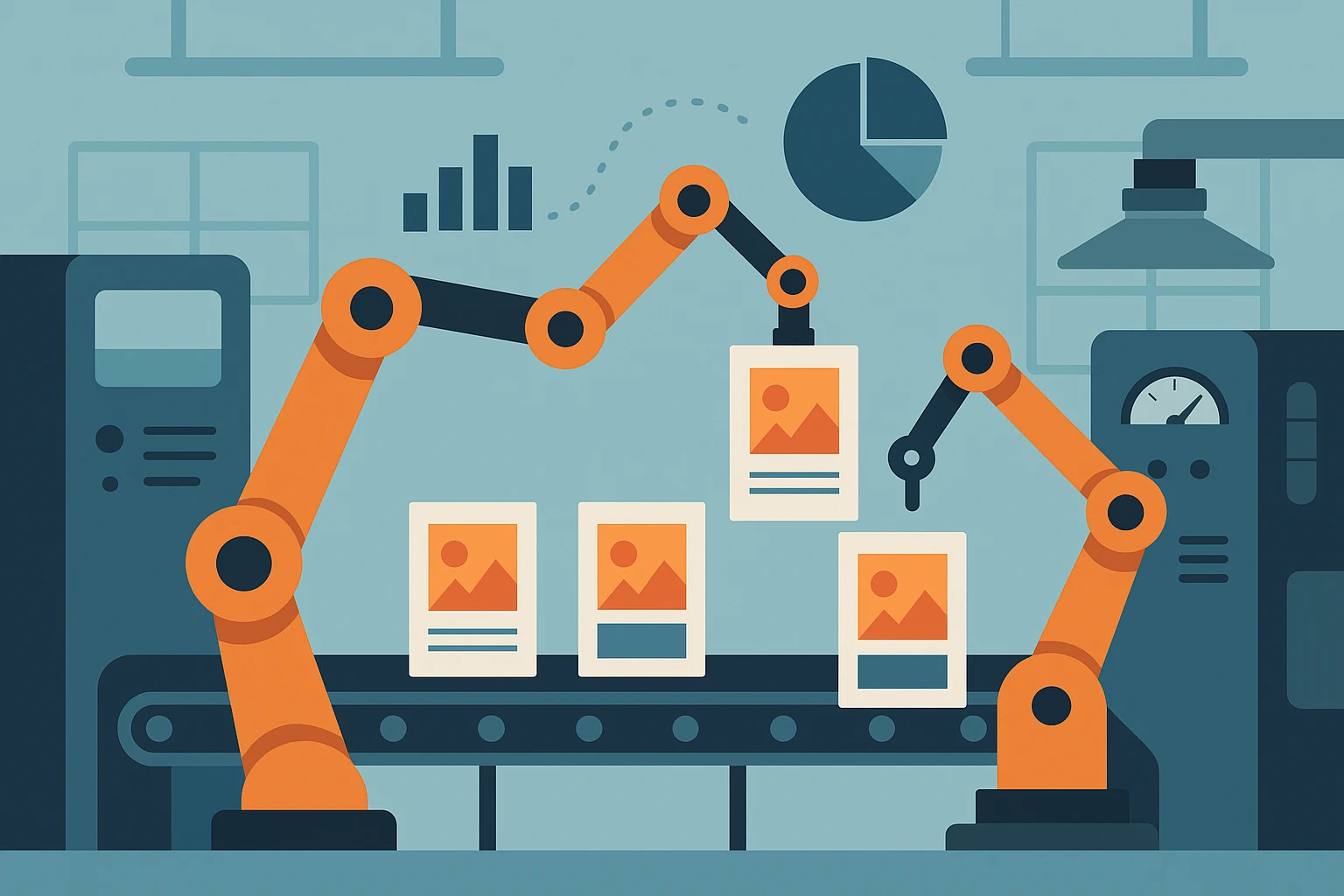 A sleek, modern factory floor with robotic arms efficiently assembling marketing brochures alongside precise machines, emphasizing a seamless blend of automation and analytics in a high-tech manufacturing environment.