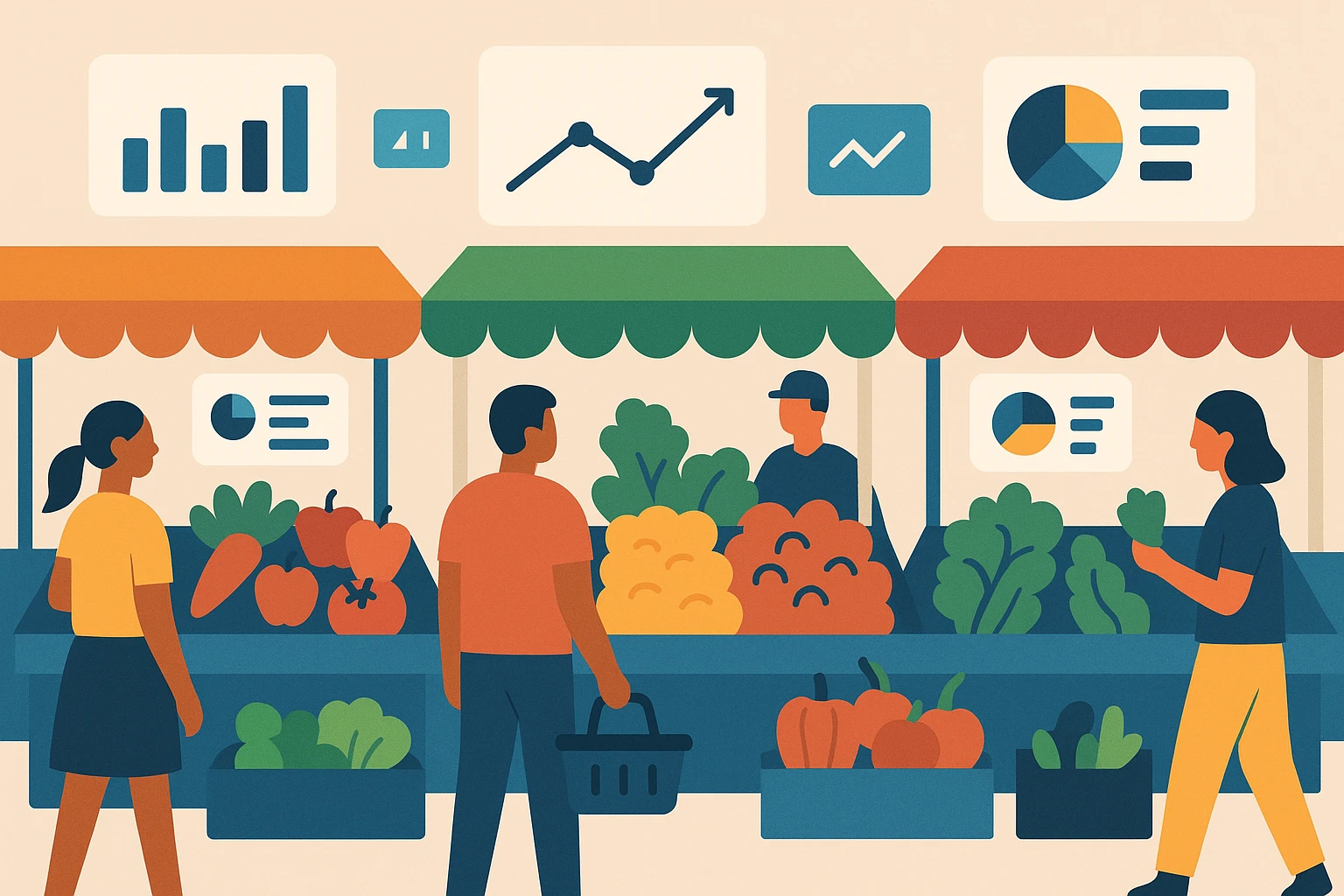 A bustling farmers market scene with colorful stalls displaying an array of fresh produce, surrounded by small digital screens showing live analytics of sales trends and consumer preferences, illustrating the integration of data-driven insights with traditional commerce.
