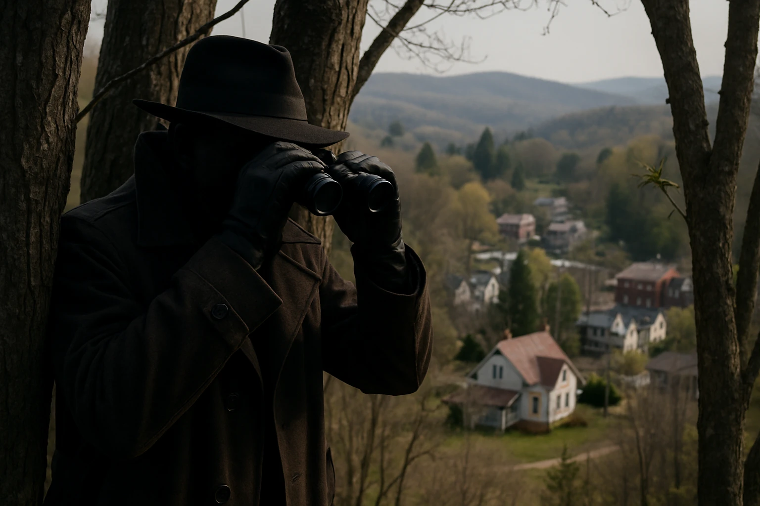A shadowy figure in a trench coat peers through binoculars from behind a cluster of trees, with the rolling hills and quaint cottages of Saluda, North Carolina, visible in the background.