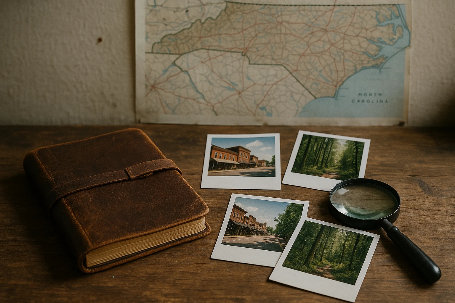 A worn leather notebook and magnifying glass rest on a rustic wooden table surrounded by Polaroid photos of Saluda's main street and the lush forests, with a map of North Carolina pinned to the wall.