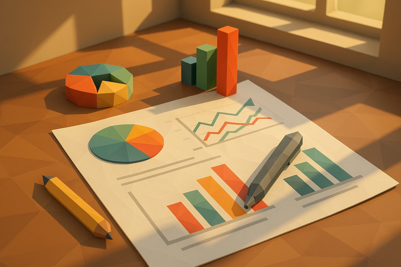 A sleek financial report with colorful graphs and charts spread across a wooden surface in a sunlit room, emphasizing analytic tools used in strategic planning.