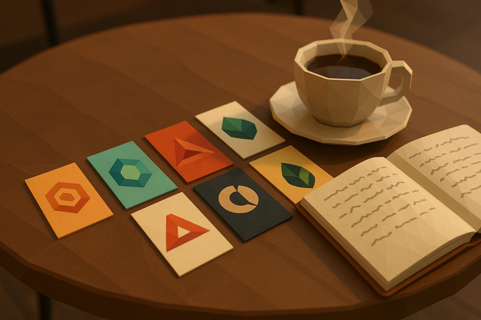 A row of intricately designed business cards featuring various logos and colors, scattered on a café table next to a steaming cup of coffee and an open notebook filled with handwritten notes.