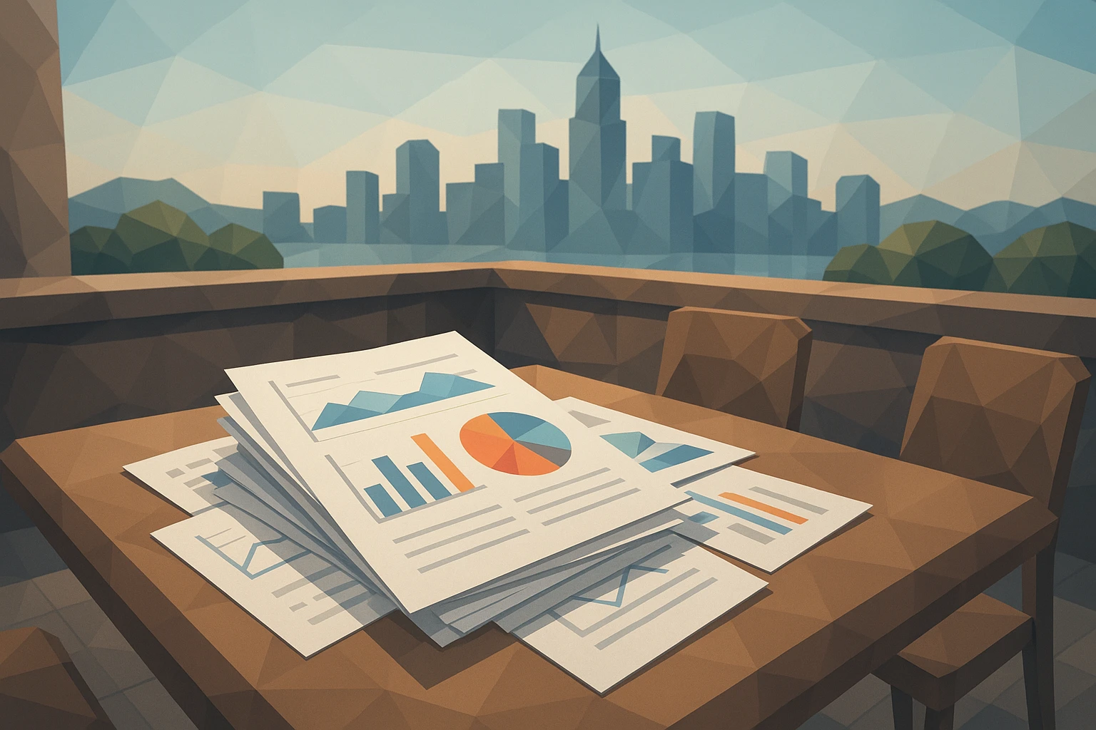 A stack of financial documents with charts and graphs scattered on an outdoor café table, with a city skyline visible in the background, symbolizing strategic business restructuring amidst economic challenges.