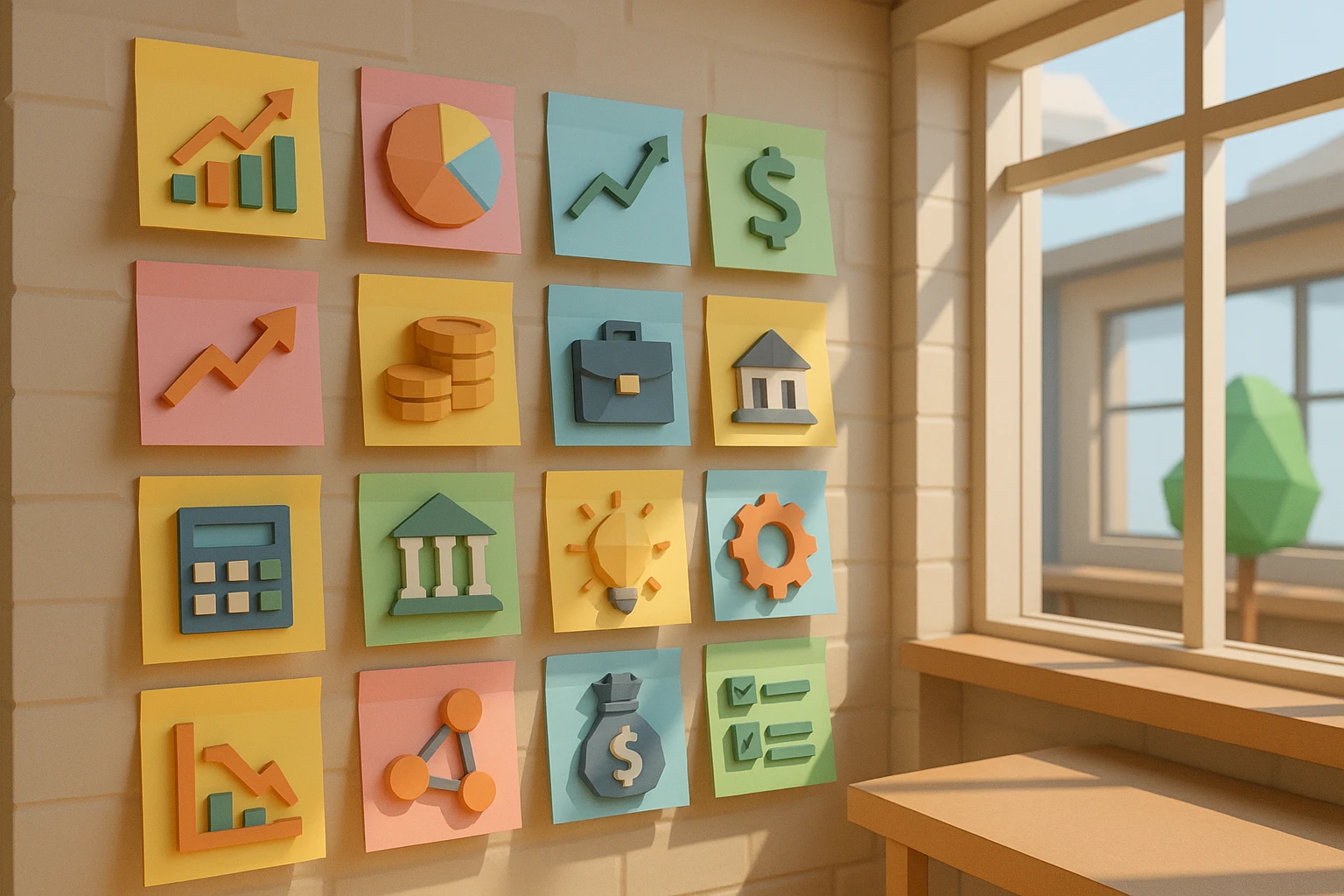 A wall covered with colorful sticky notes showing various financial metrics and asset icons, set in a bright, modern workshop space with large windows allowing natural light to illuminate the notes, each symbolizing different facets of a company's restructuring strategy.