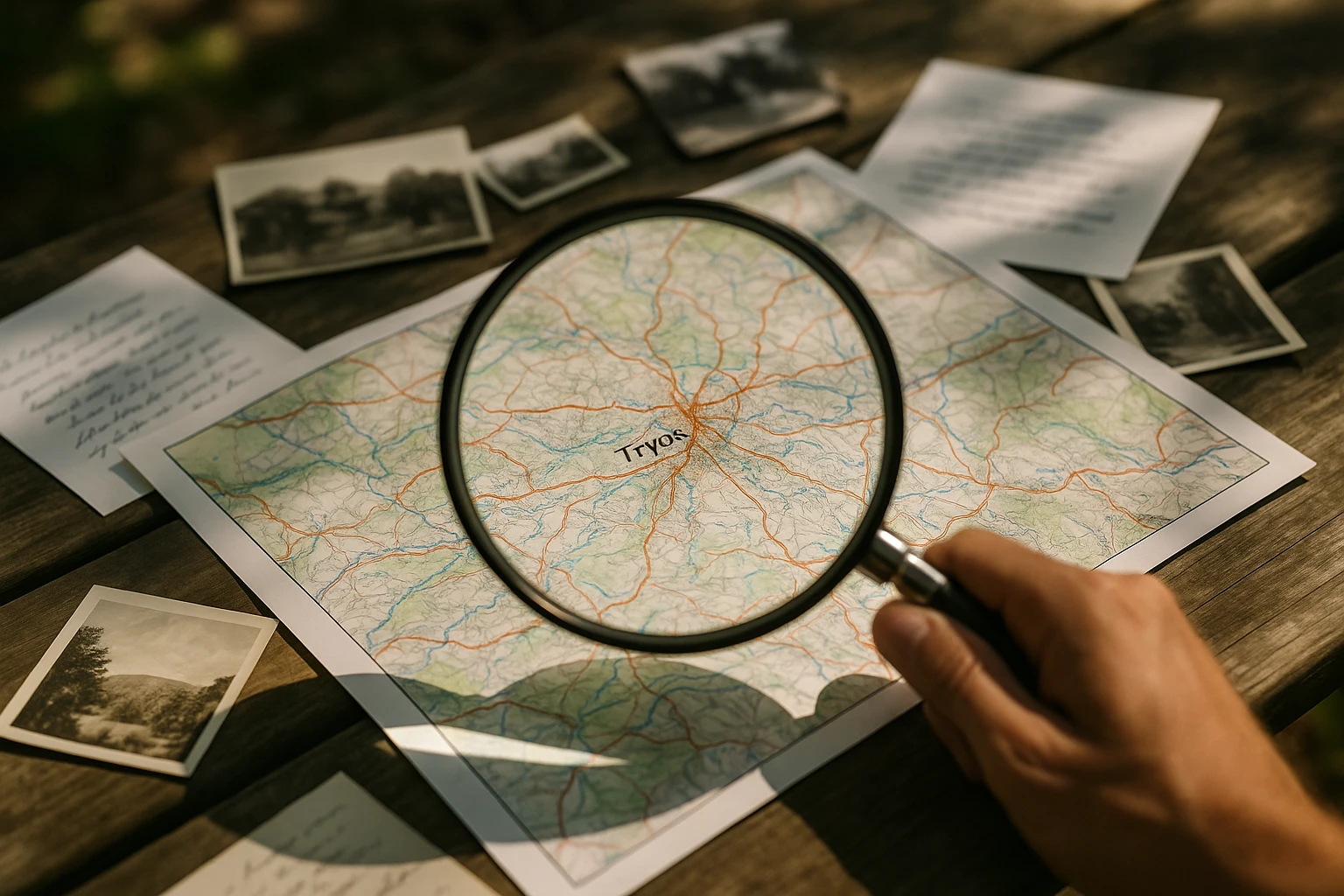 A magnifying glass held over a detailed map of Tryon, North Carolina, surrounded by scattered documents and photographs with handwritten notes, all set on an outdoor picnic table under the dappled sunlight filtering through the trees.