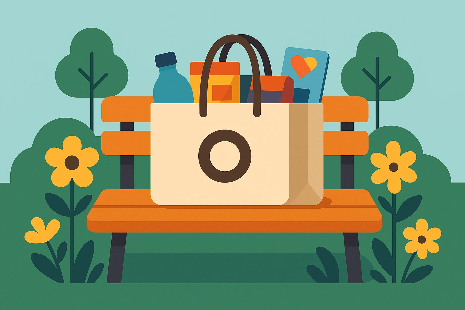 A branded tote bag filled with diverse products sits on a park bench, symbolizing a variety of services and customer loyalty perks, surrounded by blossoming flowers which represent growth and nurturing relationships.