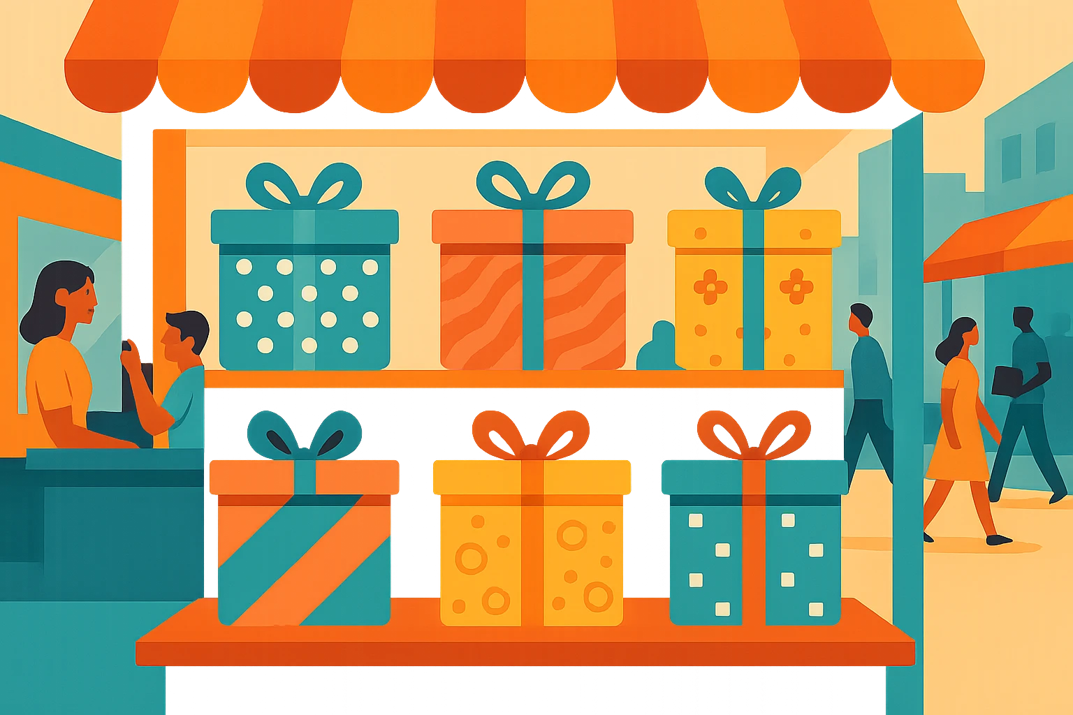 A store display features an array of personalized gift boxes, each labeled with customer names and decorated with unique patterns, set within a vibrant marketplace environment bustling with activity, symbolizing diverse personalized experiences and customer loyalty.