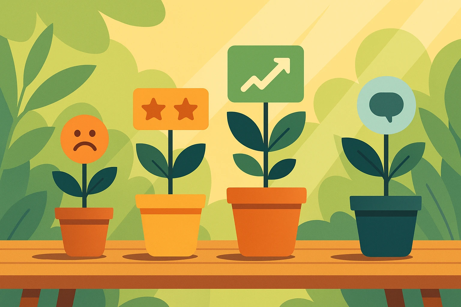 A series of small potted plants, each labeled with different customer feedback tags, are arranged on a wooden table in a garden. Sunlight filters through the foliage, symbolizing growth and the nurturing of customer relationships through data-driven insights.