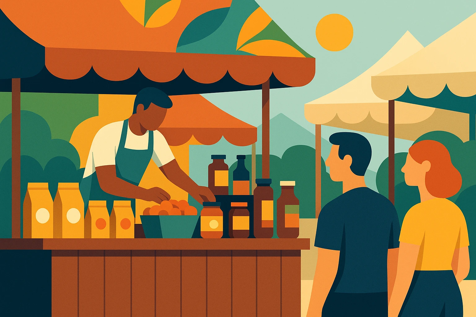 A vibrant farmers' market scene with a small business vendor setting up a colorful display of freshly packaged artisanal products, while potential customers browse under sunlit canopies adorned with branding that reflects the business's marketing strategy.