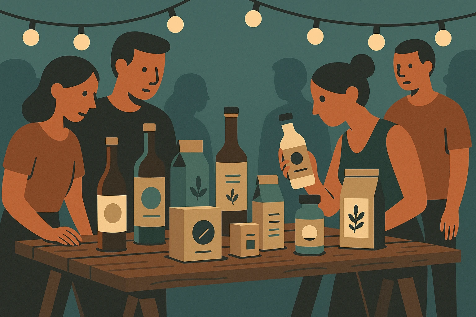A series of small, artisanal products with custom packaging displayed on a rustic wooden table at an outdoor craft fair, under string lights and surrounded by curious onlookers examining the unique branding and product details.