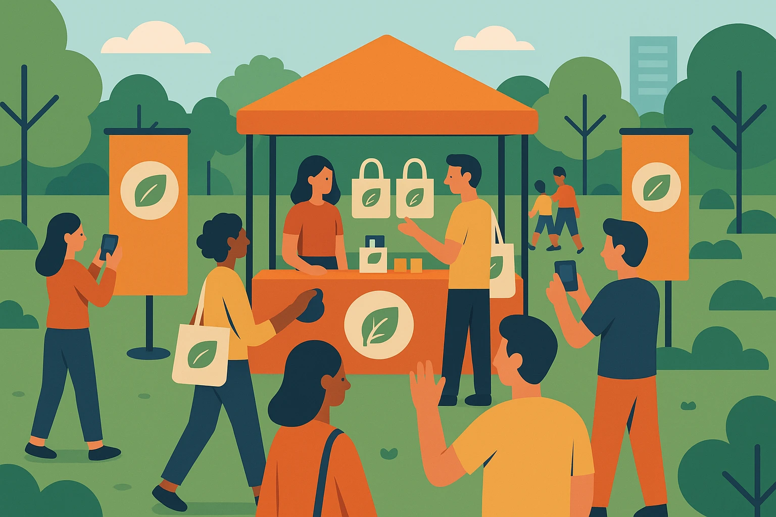 A community park during a local event, where a small business has set up a pop-up booth with eye-catching banners and a display of branded eco-friendly tote bags and merchandise, surrounded by people engaging and taking photos for social media.