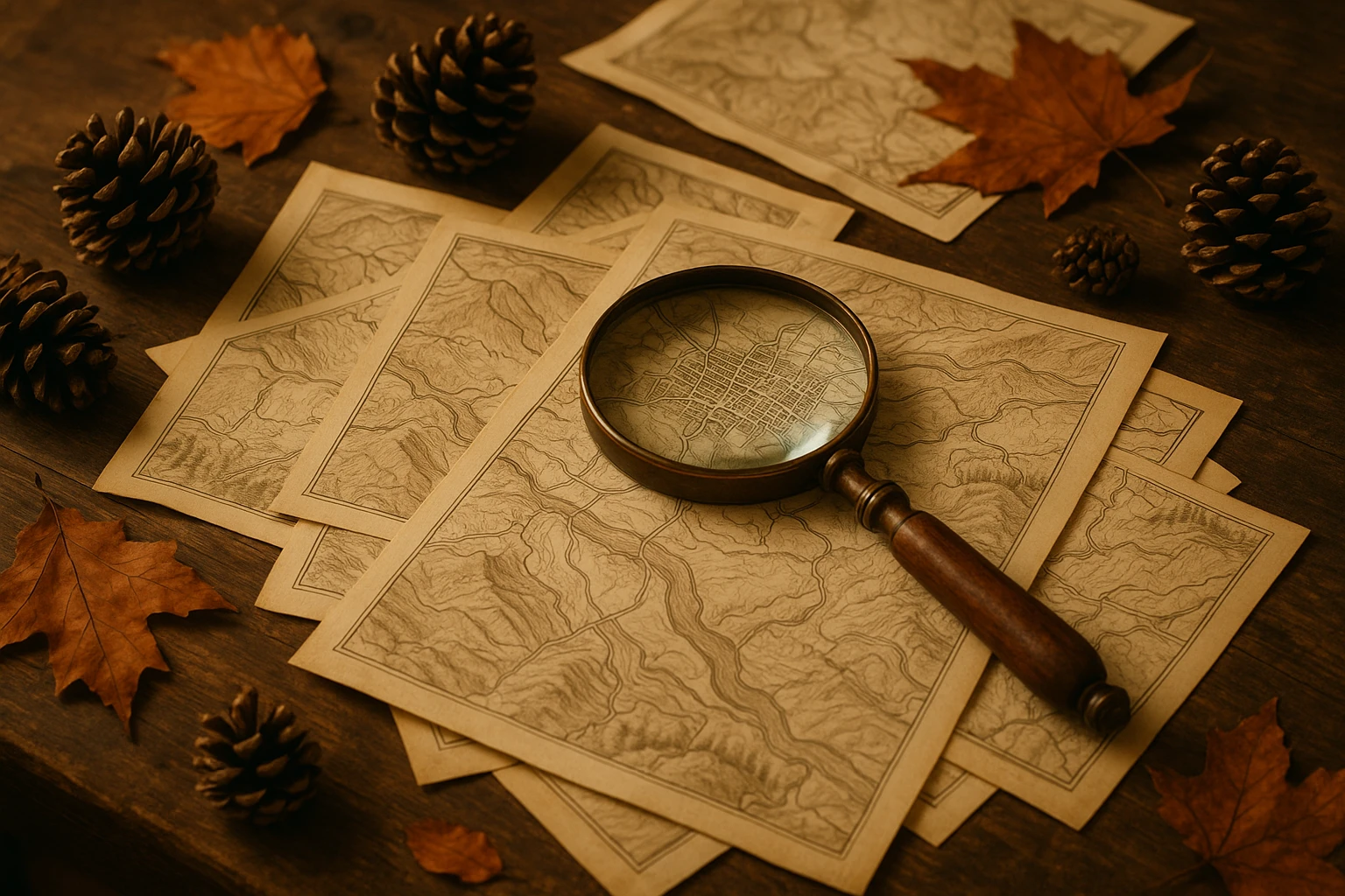 A vintage magnifying glass resting on an old wooden table covered with scattered, hand-drawn maps of Waynesville, North Carolina, surrounded by pine cones and autumn leaves from the nearby Blue Ridge Mountains.