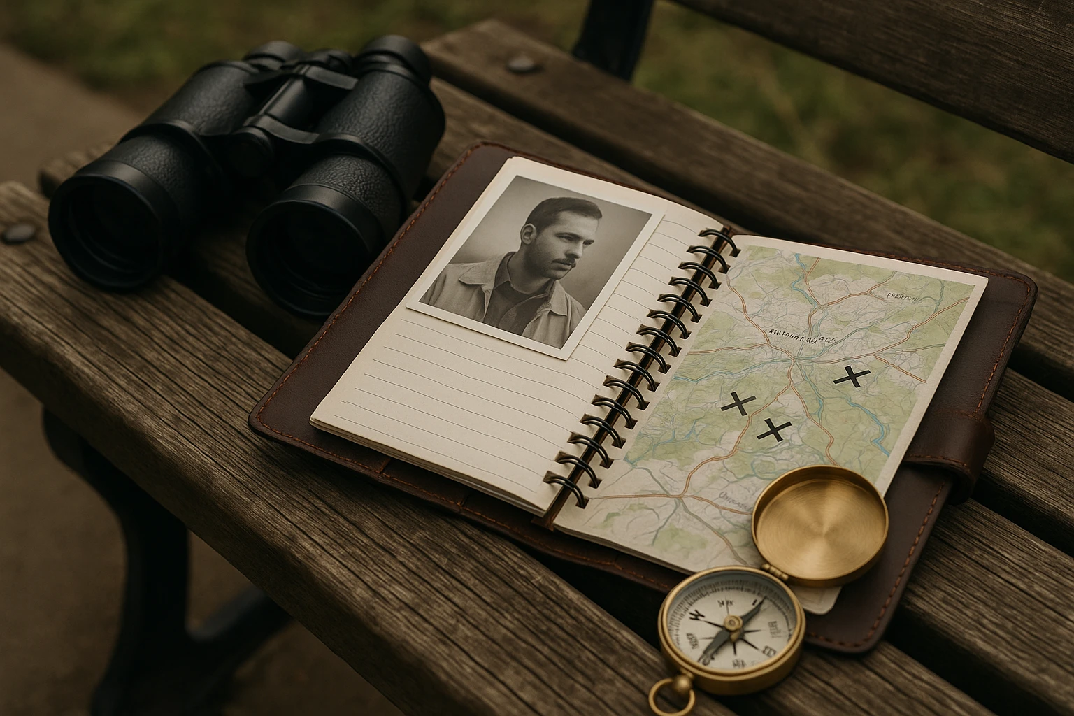 A close-up of a private investigator's leather notebook, open on a park bench in Waynesville, surrounded by binoculars, a compass, and a local map marked with Xs.