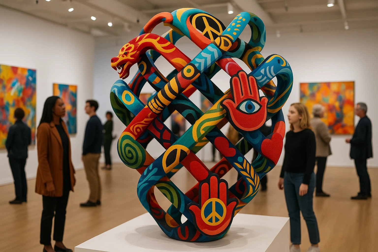A vibrant art gallery with a modern sculpture made of interwoven cultural symbols stands in the foreground, surrounded by visitors admiring the piece, reflecting Temu's focus on bridging cultural connections through innovative art.
