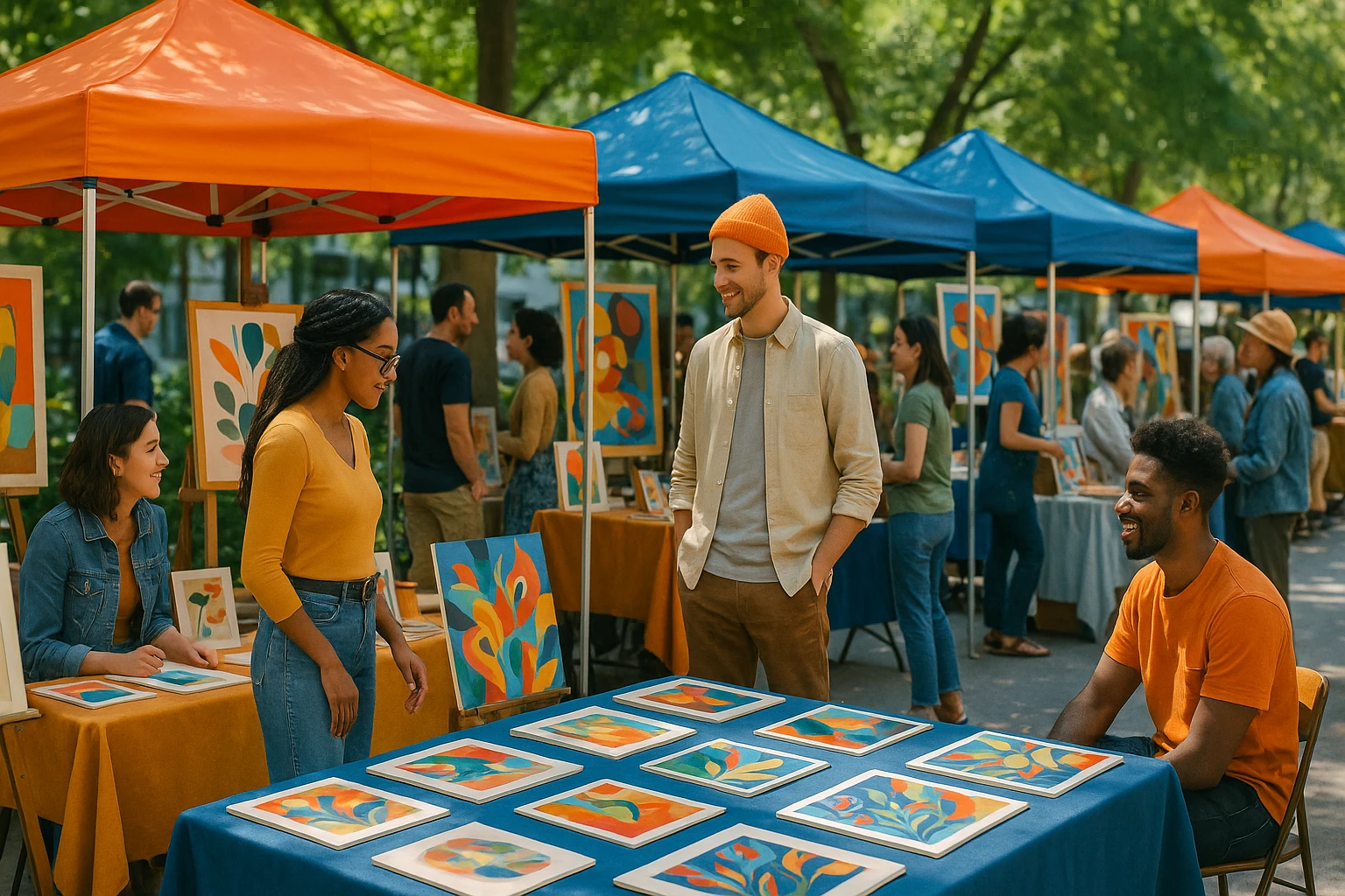 A stylish outdoor art market with colorful stalls displaying diverse art pieces, surrounded by visitors engaging with artists, showcasing Temu’s vibrant community interaction.