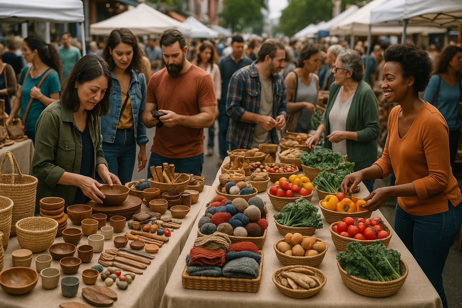A bustling local market scene with tables displaying various handcrafted goods and fresh produce, surrounded by shoppers eagerly browsing and interacting with local sellers, highlighting the regional focus of Temu’s Local Seller Program.
