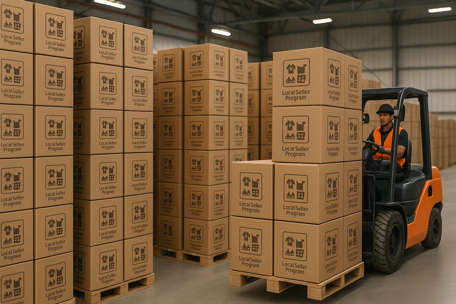 A shipping warehouse filled with neatly stacked boxes labeled with “Local Seller Program” logos, where a forklift driver is carefully moving products bound for distribution, highlighting the logistical operations behind Temu's strategic marketplace shift.