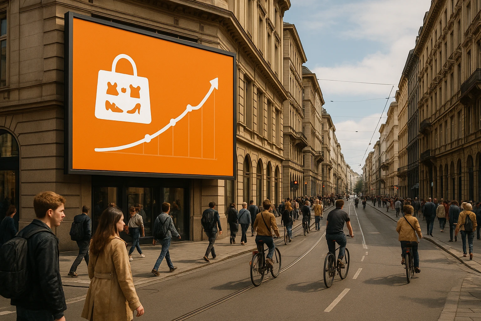 A cityscape with a large billboard displaying Temu’s logo and a graph illustrating user growth, situated alongside bustling European streets filled with pedestrians and cyclists, symbolizing Temu's expanding presence in Europe.