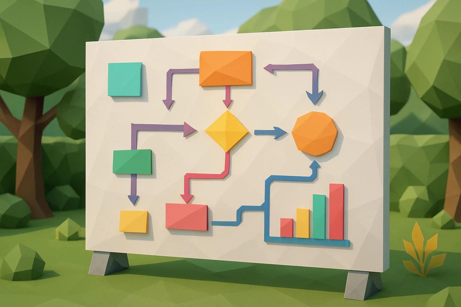 A flowchart drawn on a large whiteboard outdoors in a garden, illustrating business strategies and performance metrics with vibrant colors and sticky notes.