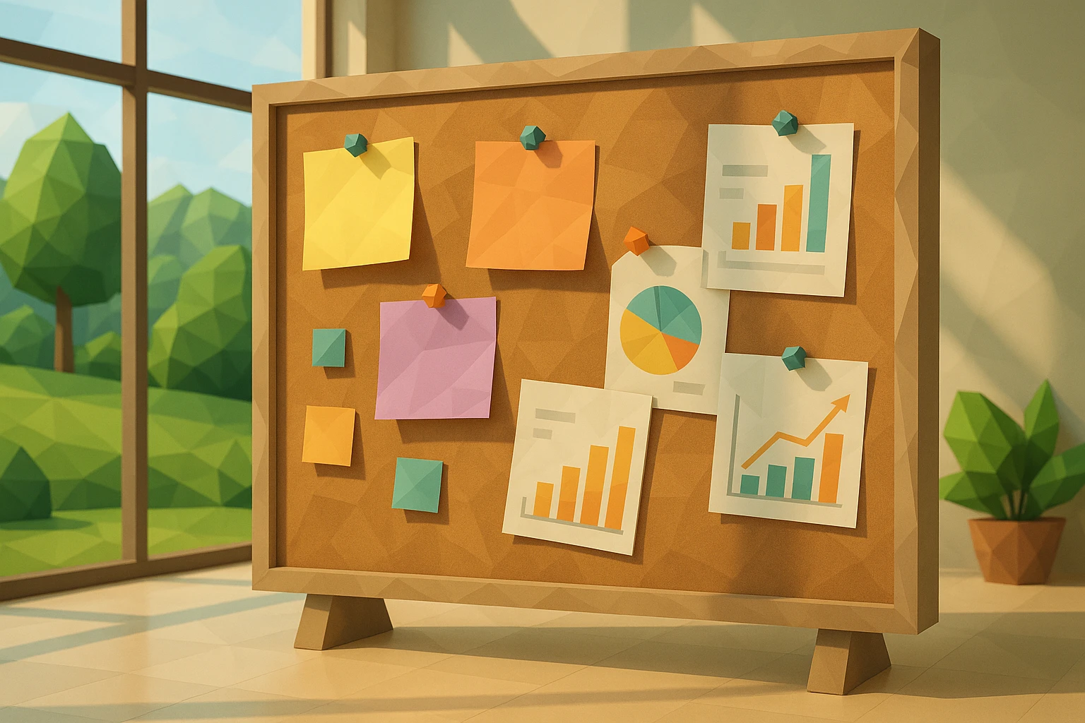A collection of colorful sticky notes and financial documents pinned onto a large corkboard, set against a backdrop of a sunlit room with a glass wall displaying a scenic garden view.