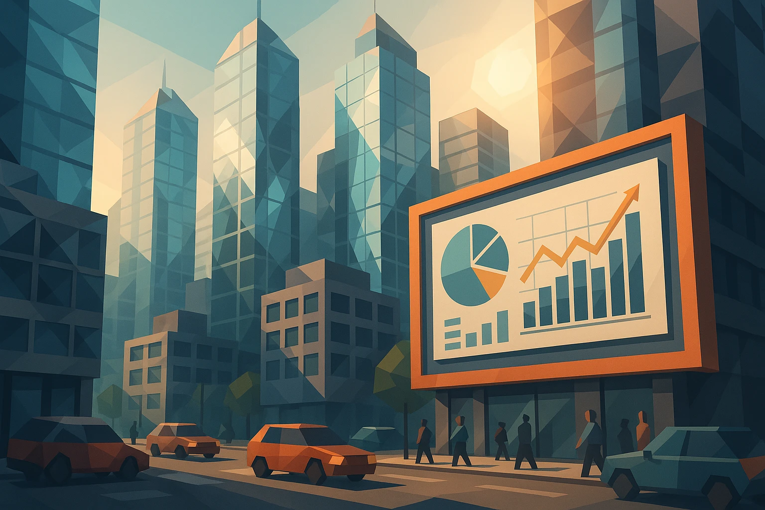 A dynamic scene of a bustling cityscape with towering glass skyscrapers reflecting the sun, where a large billboard features the logo of Hybris Corporate Finance, illustrating complex financial graphs and charts.