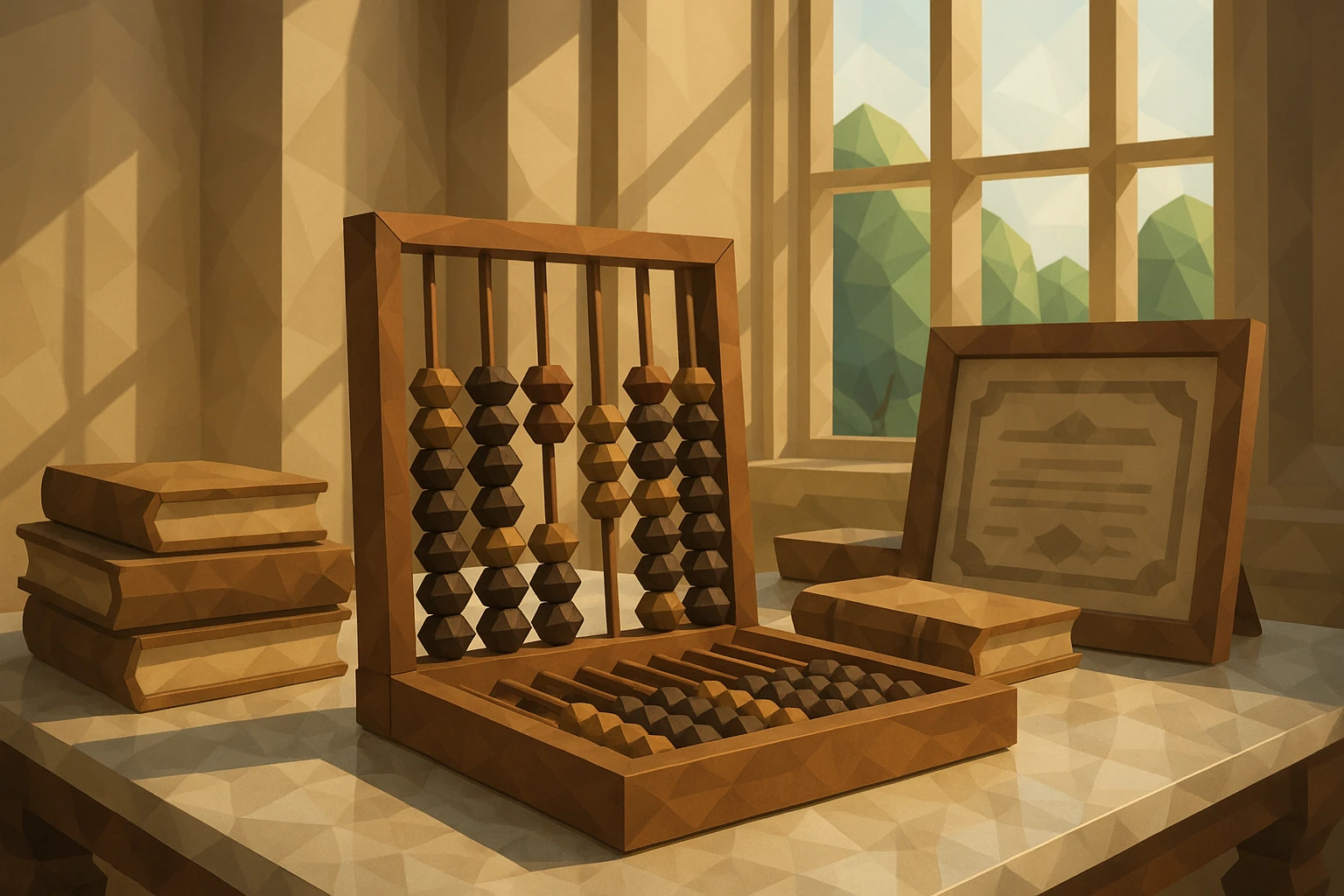 An antique wooden abacus sits atop a polished marble table, surrounded by stacks of aged financial ledgers and a framed vintage stock certificate, all set in a sunlit room with tall French windows overlooking a verdant garden.