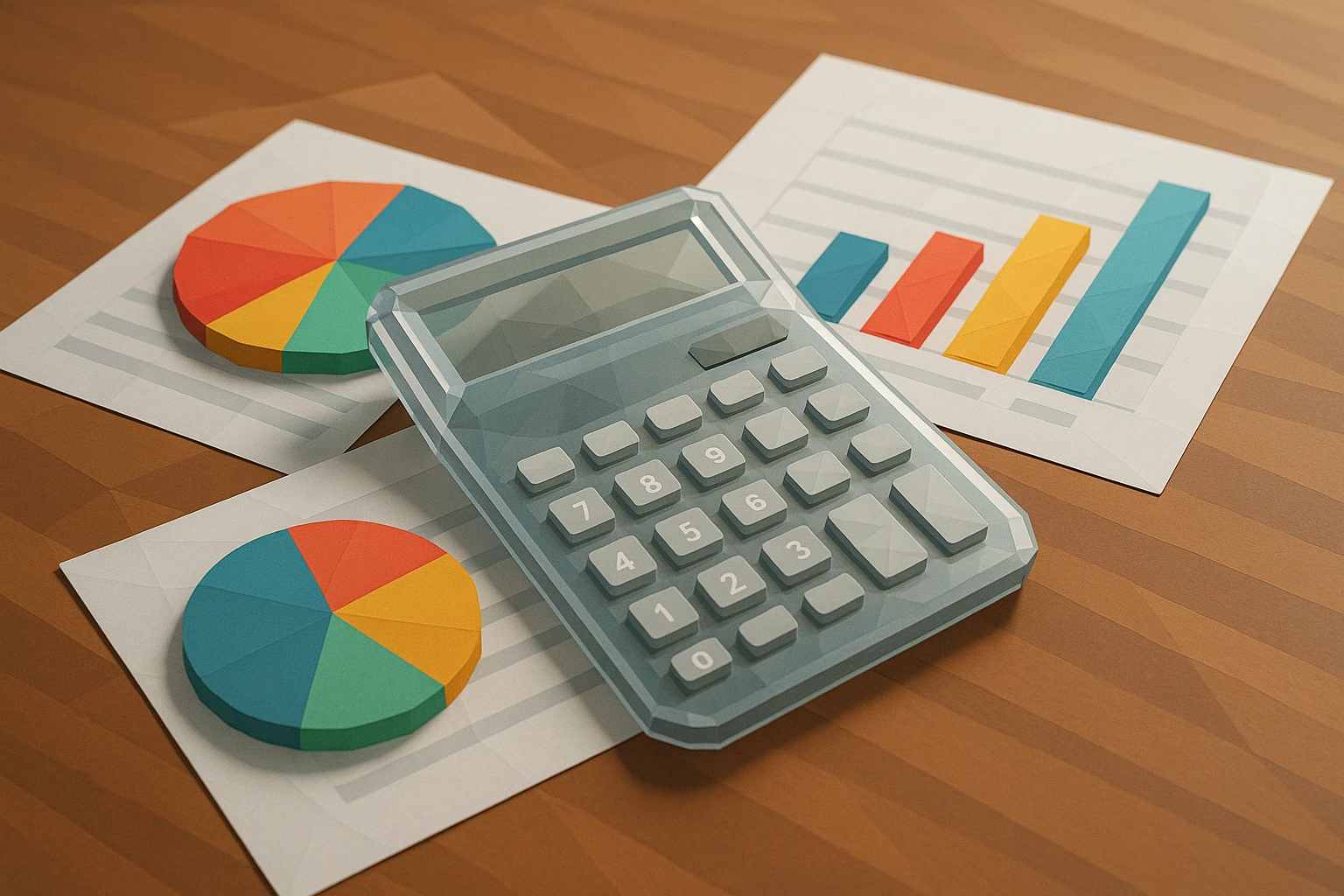A sleek, transparent calculator placed on a wooden table, surrounded by colorful pie charts and bar graphs printed on glossy paper, illustrating strategic cost management.