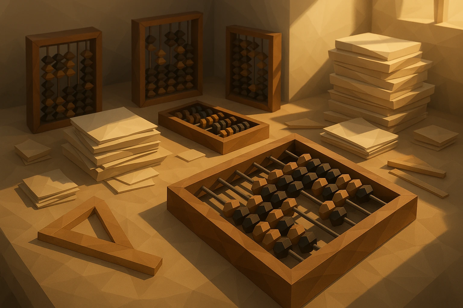 An array of vintage abacuses in a sunlit workshop, surrounded by stacks of aged parchment papers and wooden measuring tools, illustrating traditional methods of cost analysis.