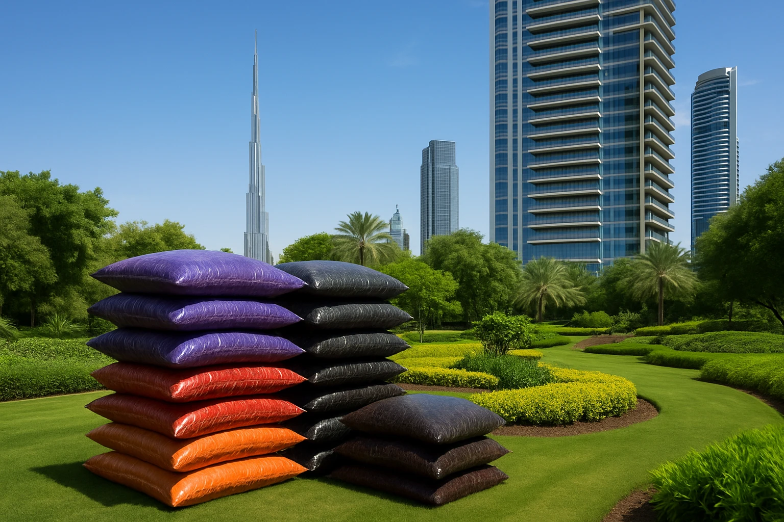 Stacks of vibrant mulch bags near a modern Dubai high-rise, with lush green gardens transforming under a bright blue sky, illustrating sustainable landscaping in the city.
