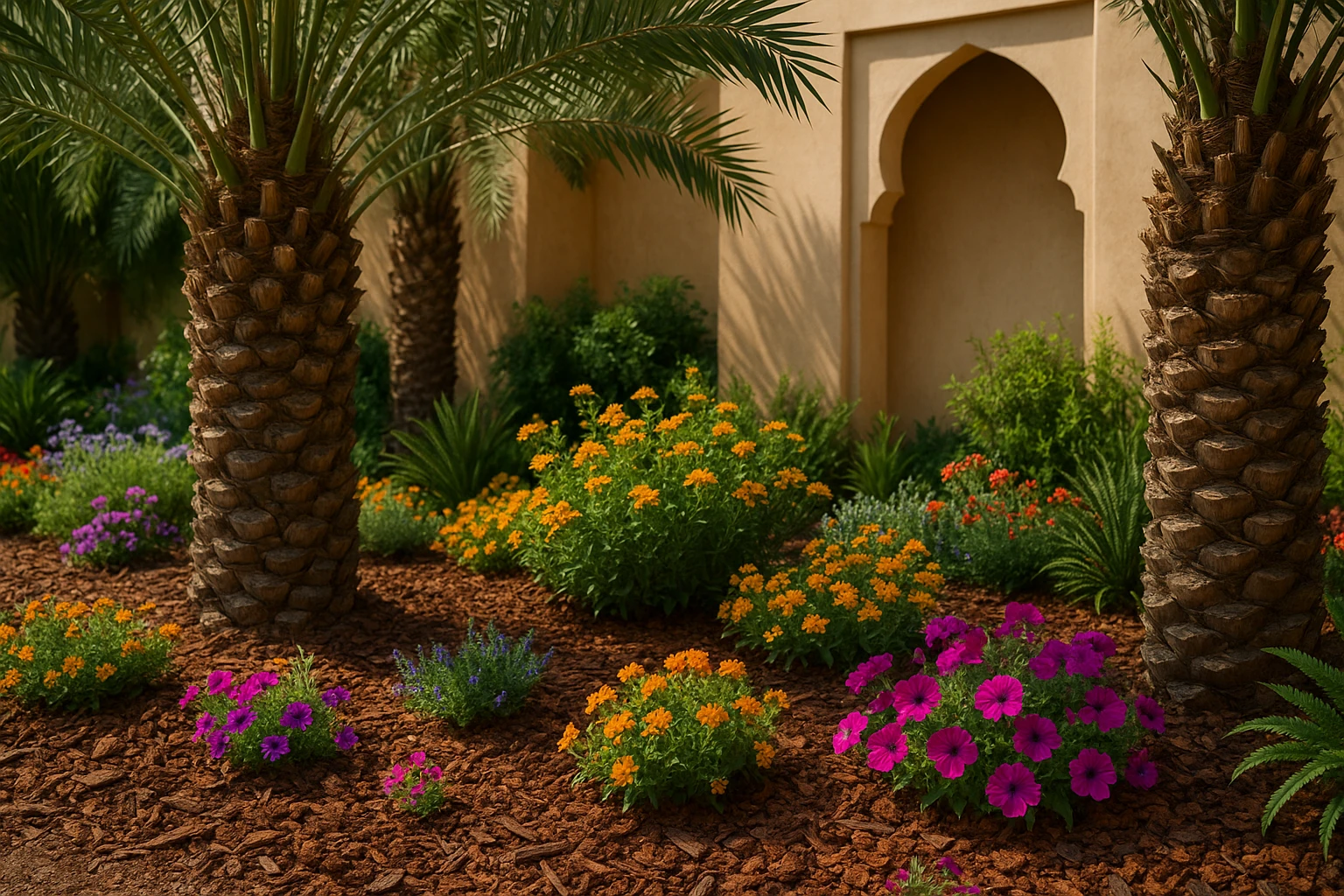 A lush Dubai garden corner featuring a vibrant mix of organic bark mulch beneath date palm trees, accented by colorful desert flowers and a backdrop of a traditional Arabian archway.