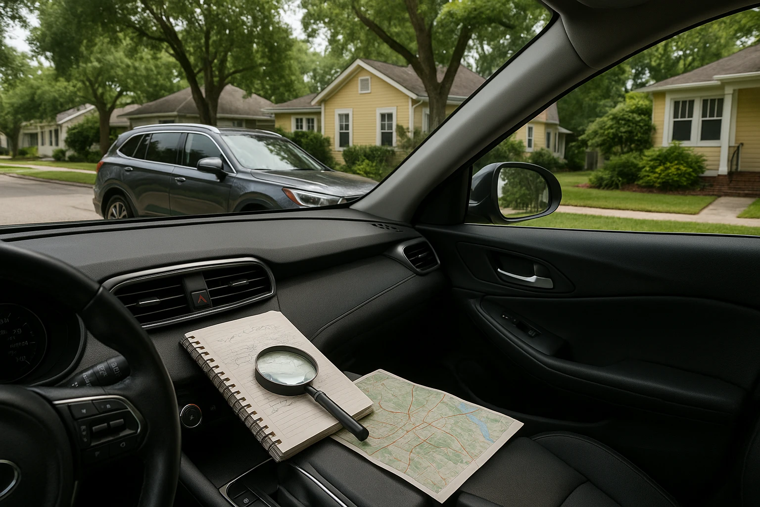 A sleek SUV parked by a quaint Altamonte Springs neighborhood street, with a magnifying glass resting on the dashboard next to a notepad filled with scribbles and a folded map of the city.