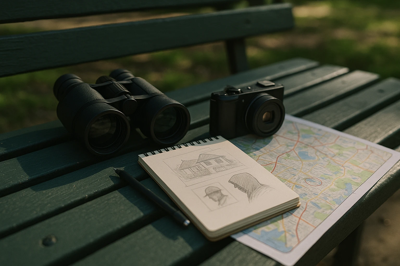 A private investigator's toolkit laid out on a park bench in Altamonte Springs, featuring a pair of binoculars, a small digital camera beside a notepad with detailed sketches, and a map of the local area highlighted with annotations.