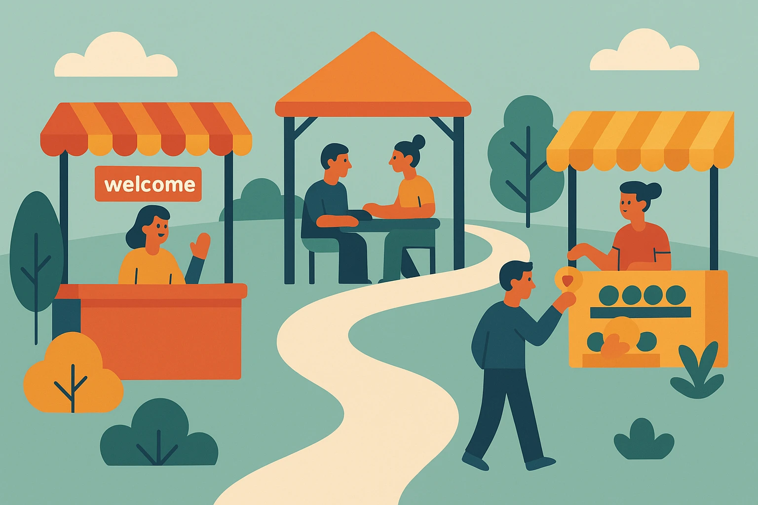 A detailed illustration of a winding path through a bustling outdoor market, lined with diverse stalls representing different stages of customer interaction, such as a welcome booth with friendly signage, a consultation gazebo, and an appreciation station with thank-you tokens.