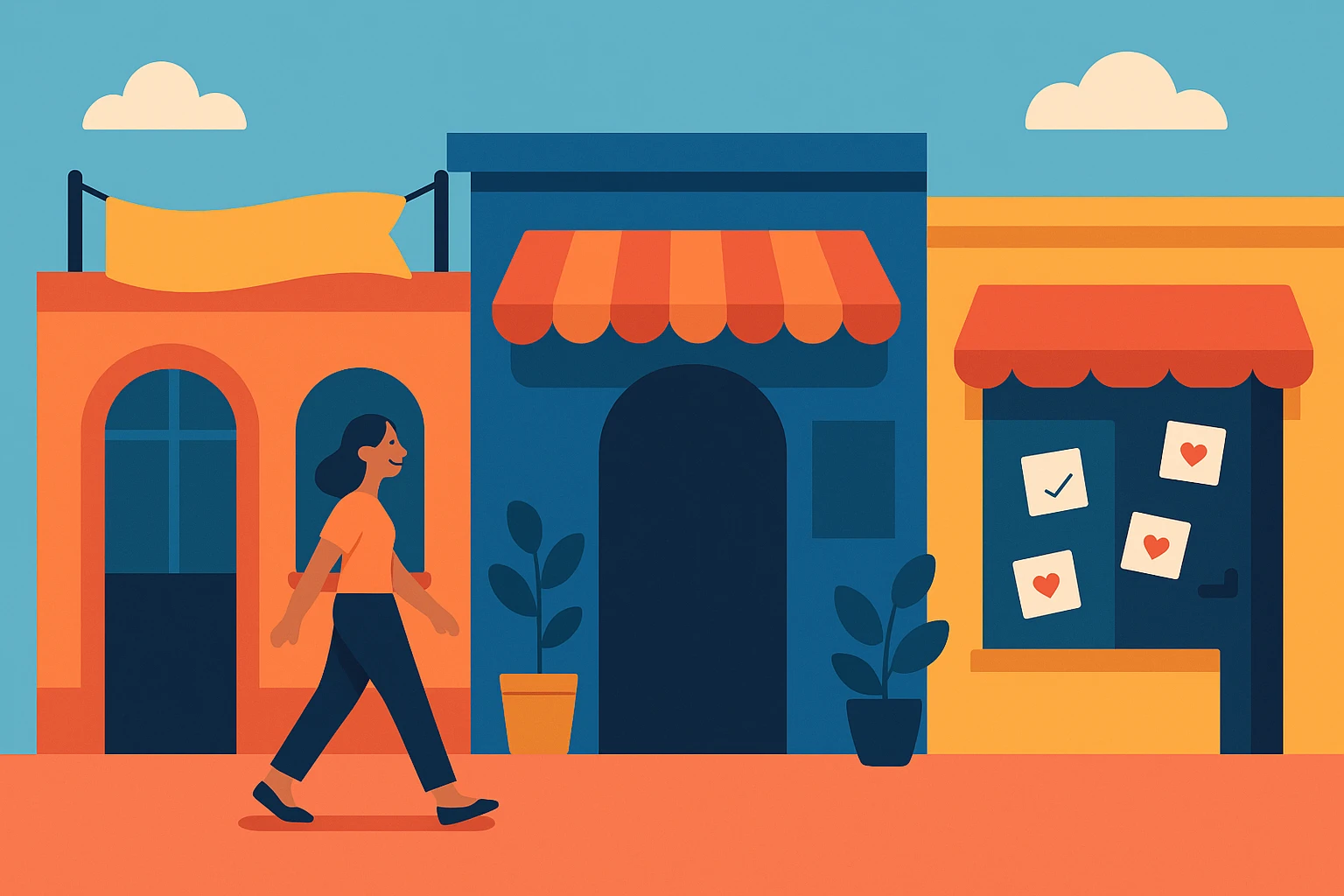 A vibrant street scene featuring diverse storefronts, each one depicting a different stage of customer interaction for a service-based business: a cheerful banner marking customer discovery, a welcoming entryway symbolizing initial engagement, and an exit adorned with thank-you notes representing post-service appreciation.
