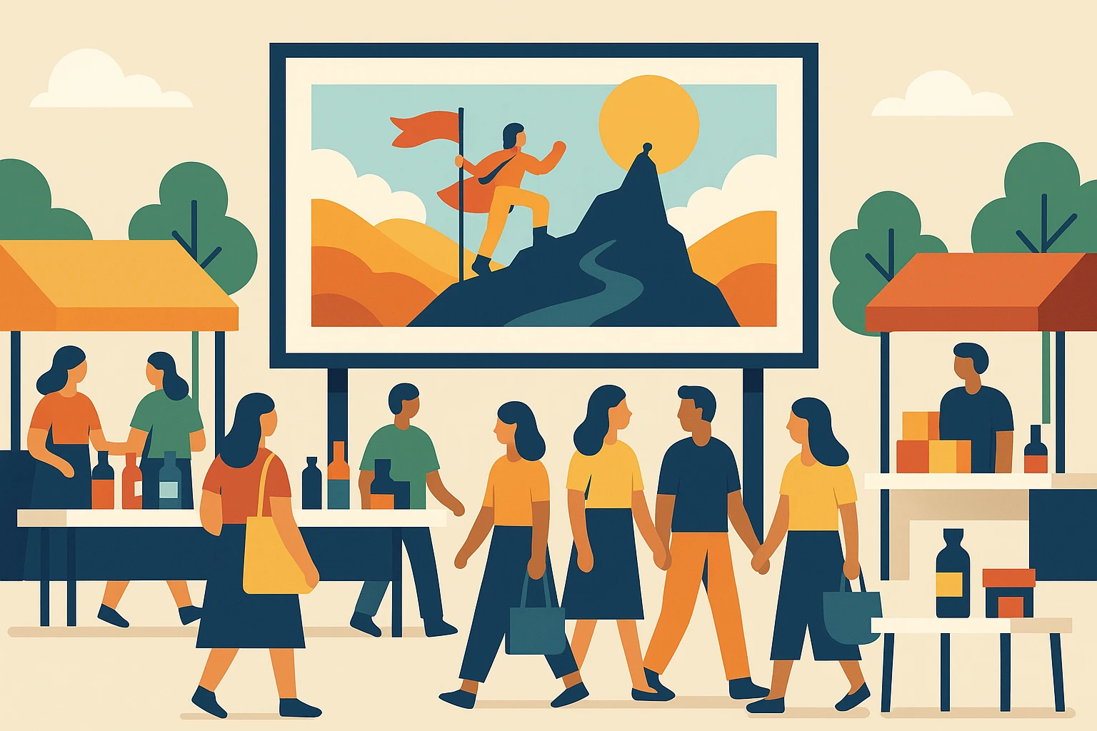A colorful outdoor marketplace bustling with people, featuring a large billboard showcasing a brand's story with vivid imagery of a hero’s journey, flanked by products neatly arranged on modern, minimalist tables.