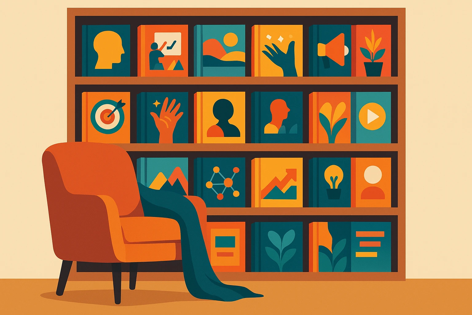 A bookshelf filled with eye-catching, colorful book covers, each featuring vibrant illustrations and titles related to narrative marketing, with a cozy reading nook featuring a plush chair and a soft throw blanket in the foreground.